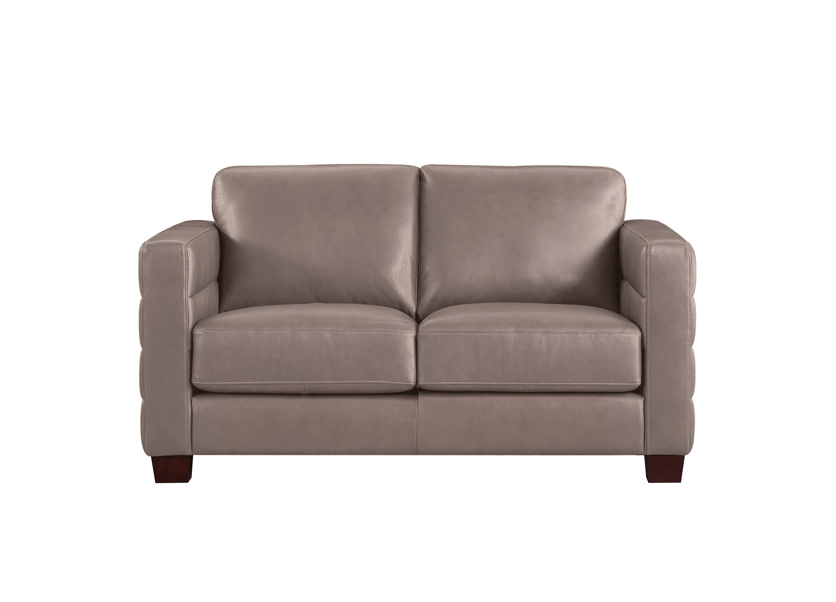 A two-seater loveseat sofa upholstered in taupe leather, featuring dark brown wooden legs, shown against a plain white background.