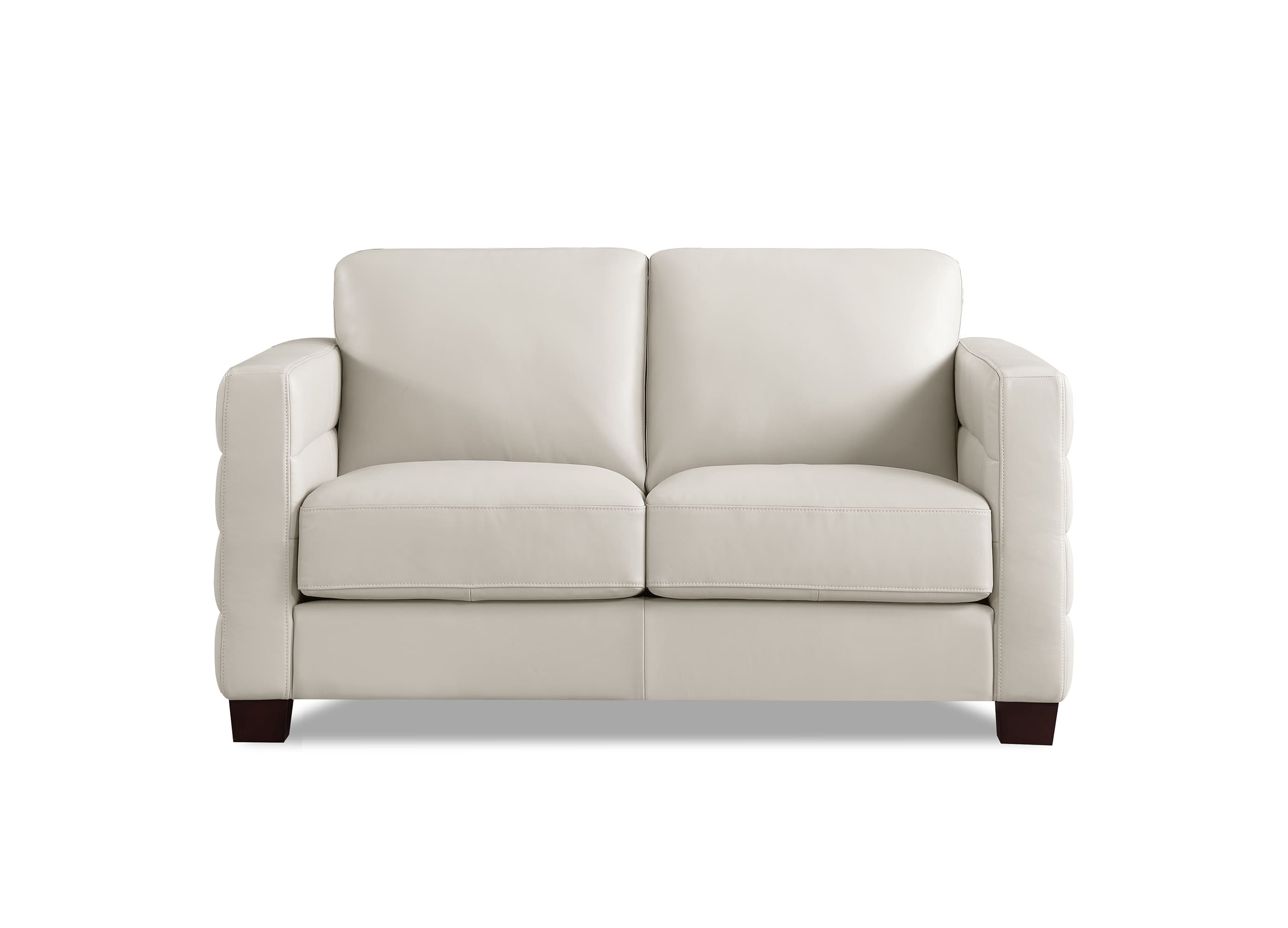 A modern two-seater loveseat sofa upholstered in light cream leather, featuring dark brown wooden legs, shown against a plain white background.