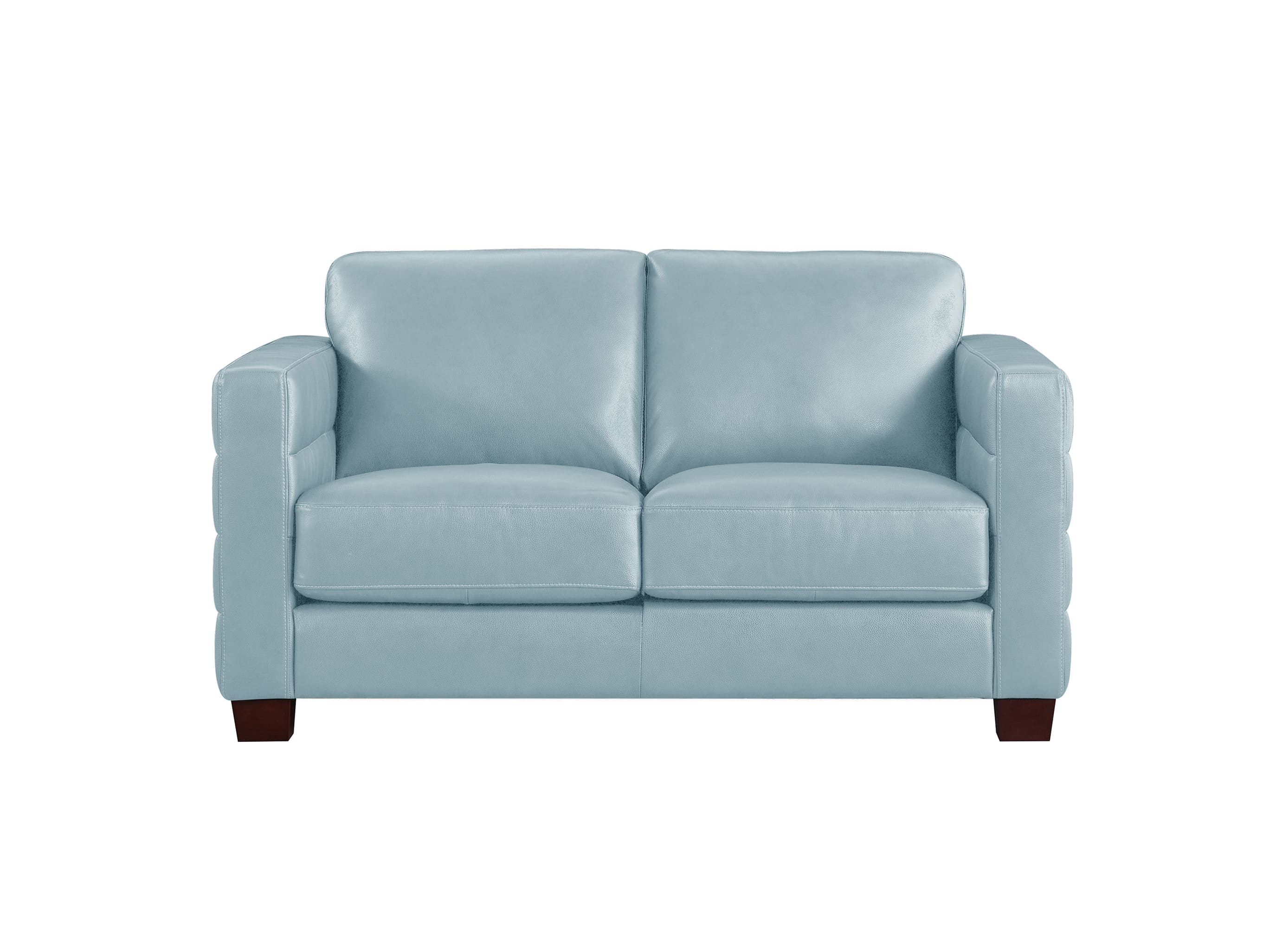 A light blue leather loveseat sofa with dark brown wooden legs, shown from a front-facing perspective on a solid white background.