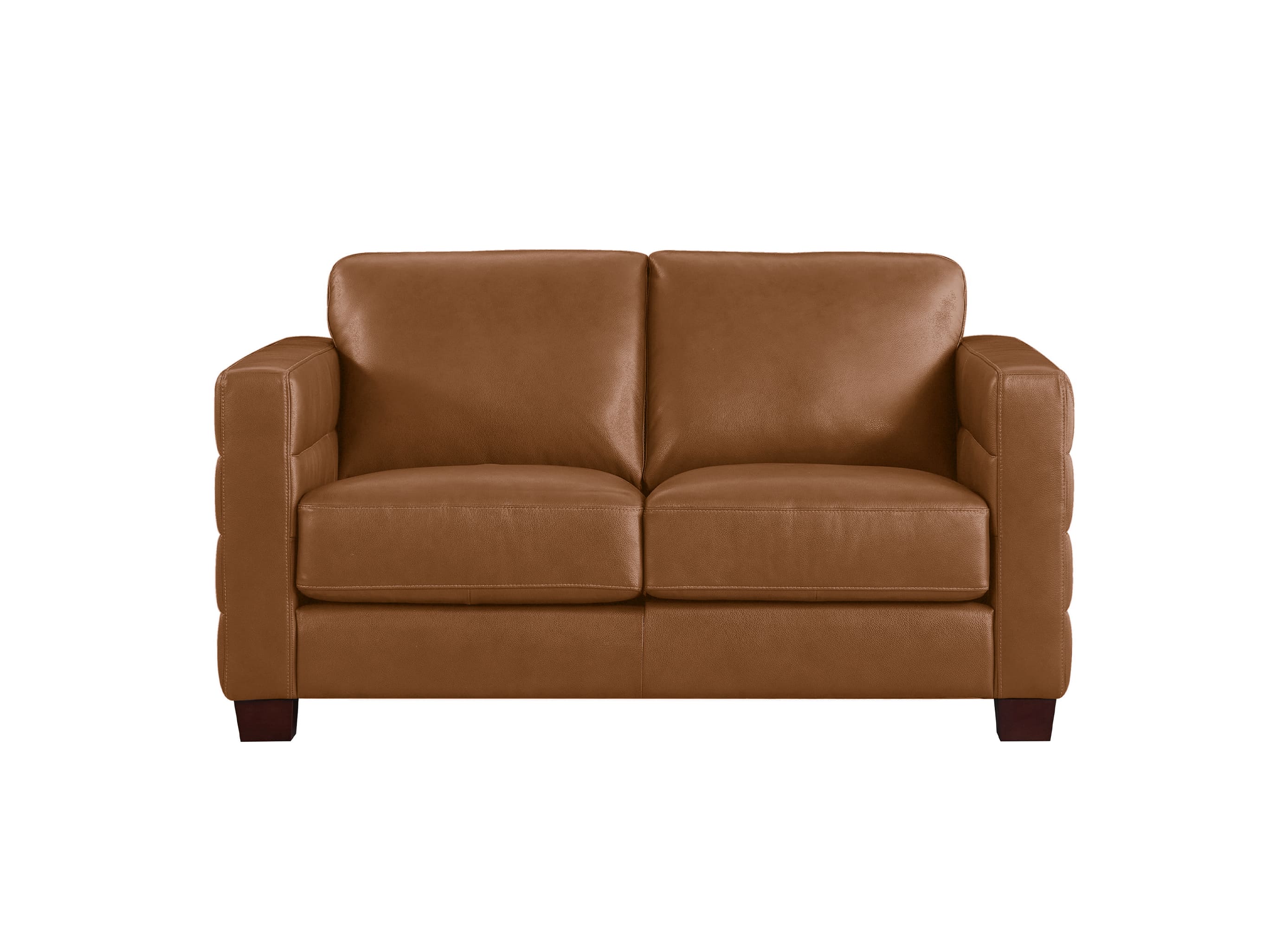 A two-seater loveseat sofa upholstered in smooth tan leather, shown from a front-facing angle on a plain white background.