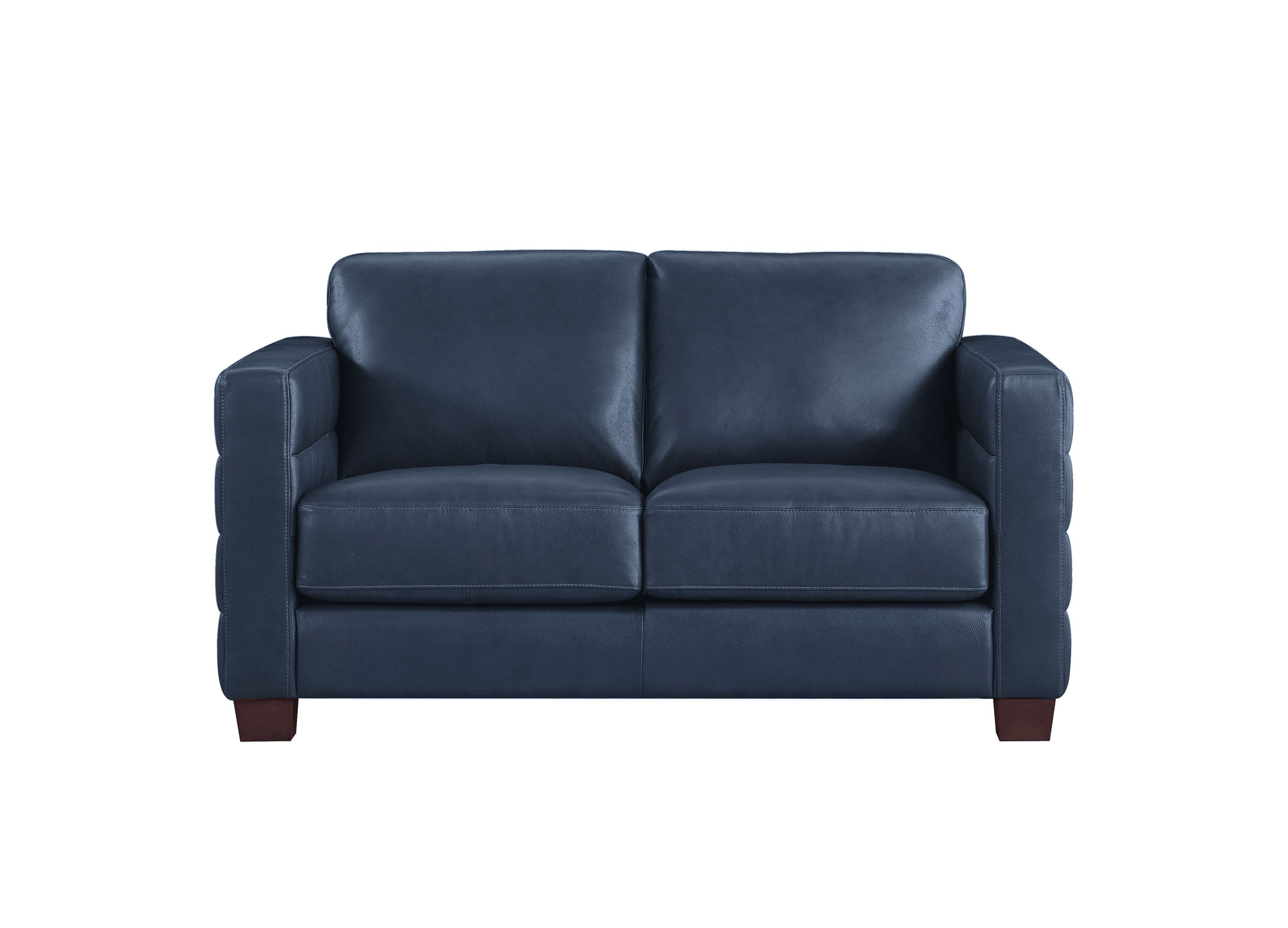 A navy blue leather loveseat sofa with dark brown wooden legs, shown from a front-facing perspective on a solid white background.