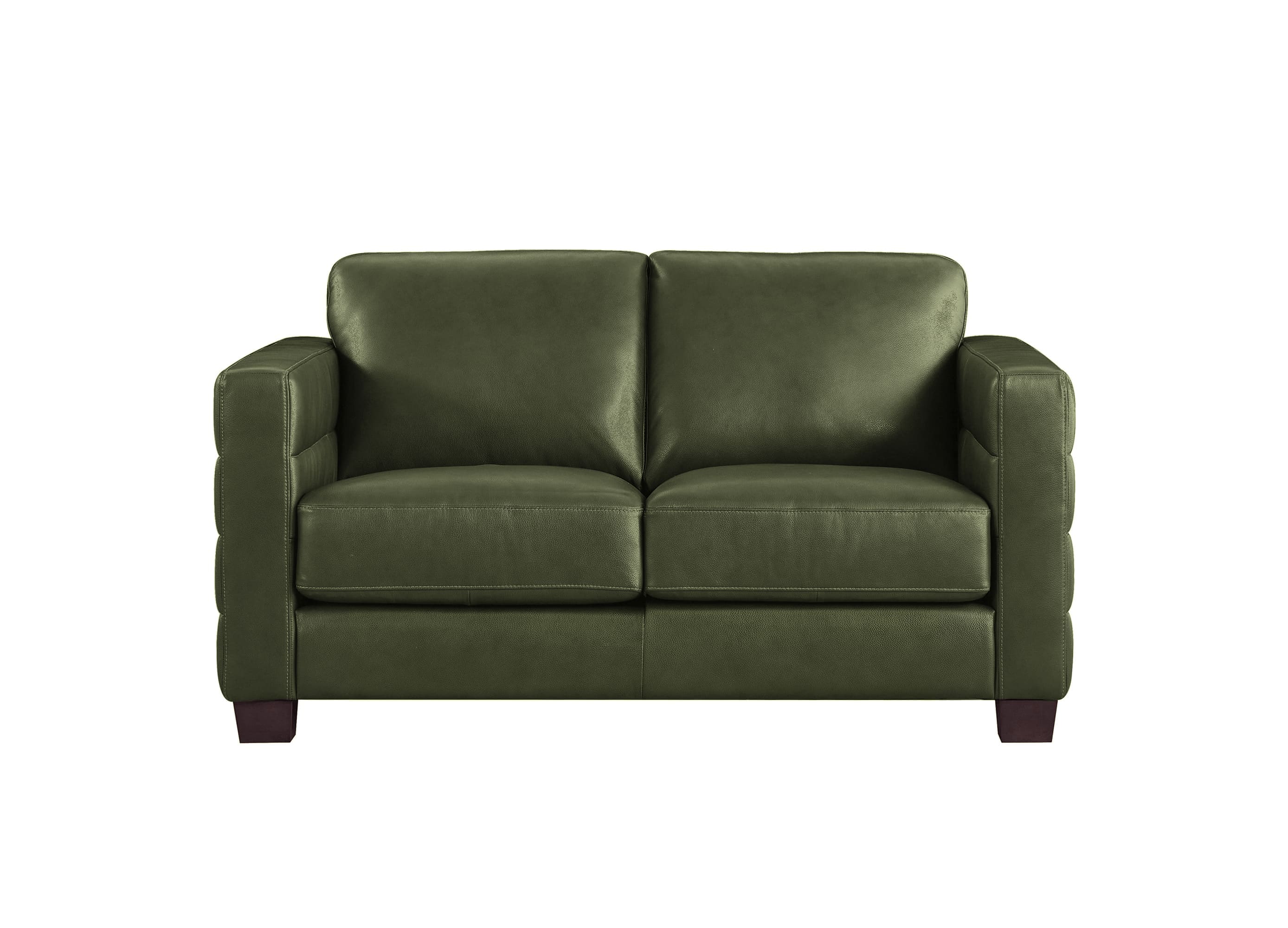 An olive green leather loveseat sofa with dark wooden legs, shown from a front-facing perspective on a solid white background.