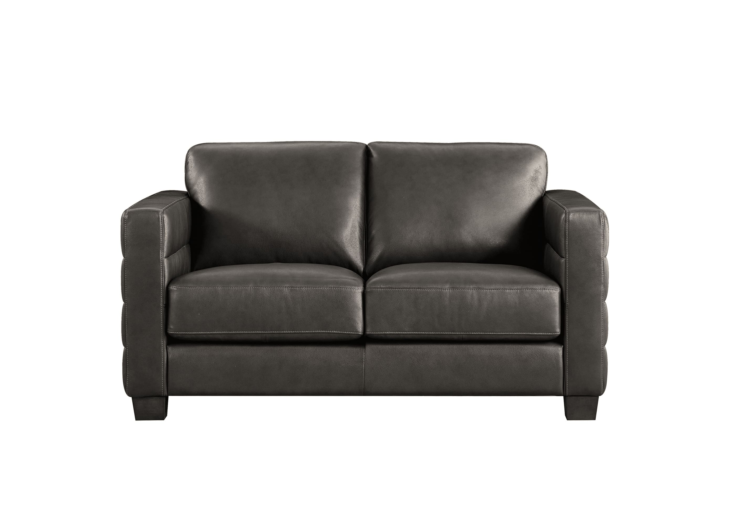 A dark gray leather loveseat sofa with two seat cushions and square arms, shown from a front-facing perspective on a solid white background.