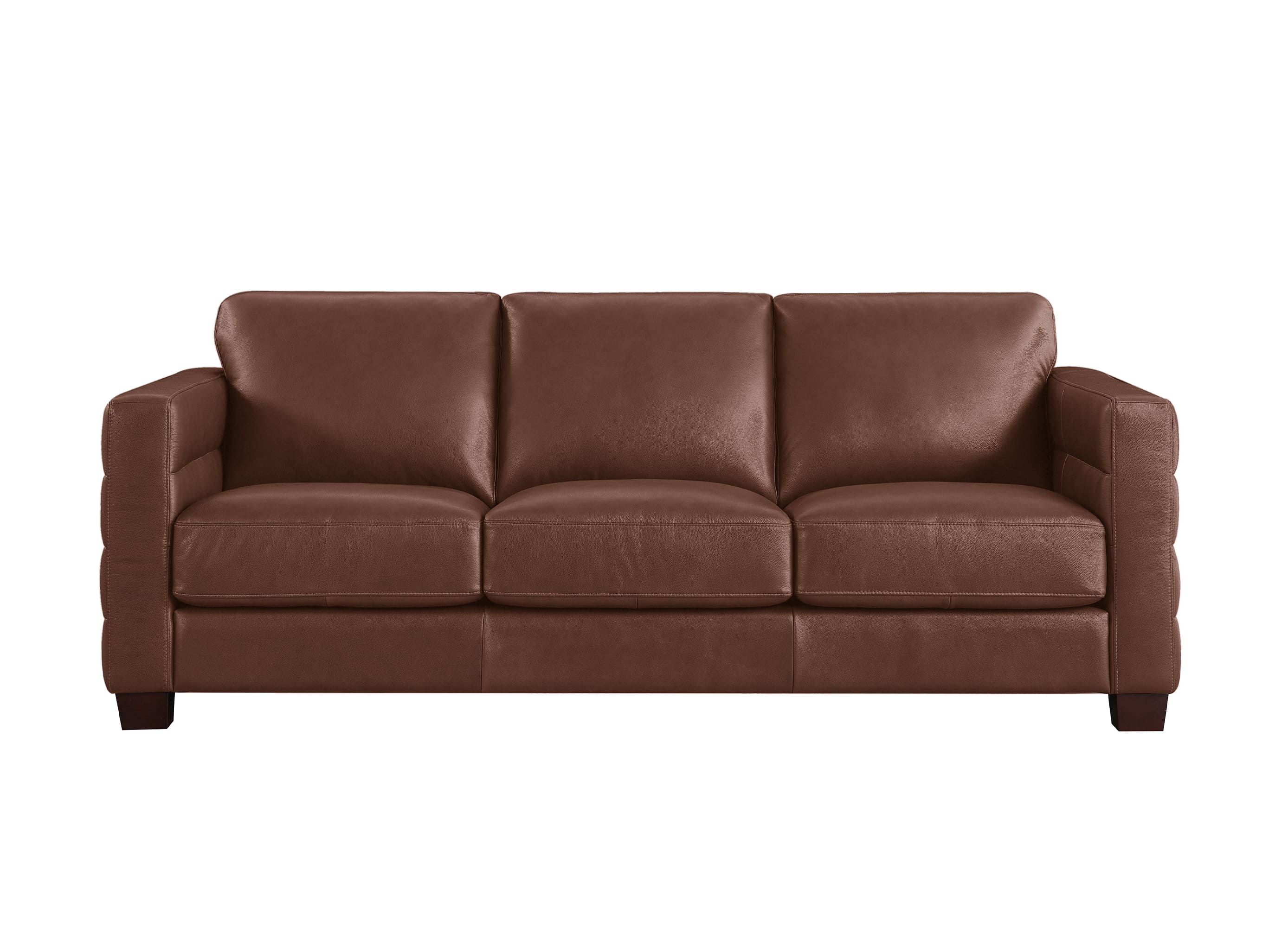 A three-seat brown leather sofa with a modern, slightly angled front view, set against a plain white background.