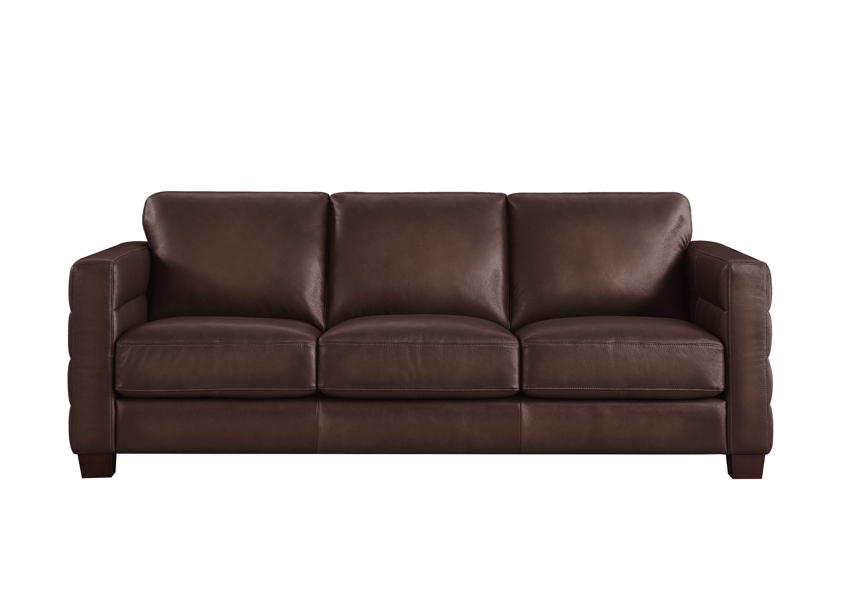 A three-seat leather sofa in dark brown, featuring plush back cushions, thick seat cushions, and square arms, shown against a plain white background.