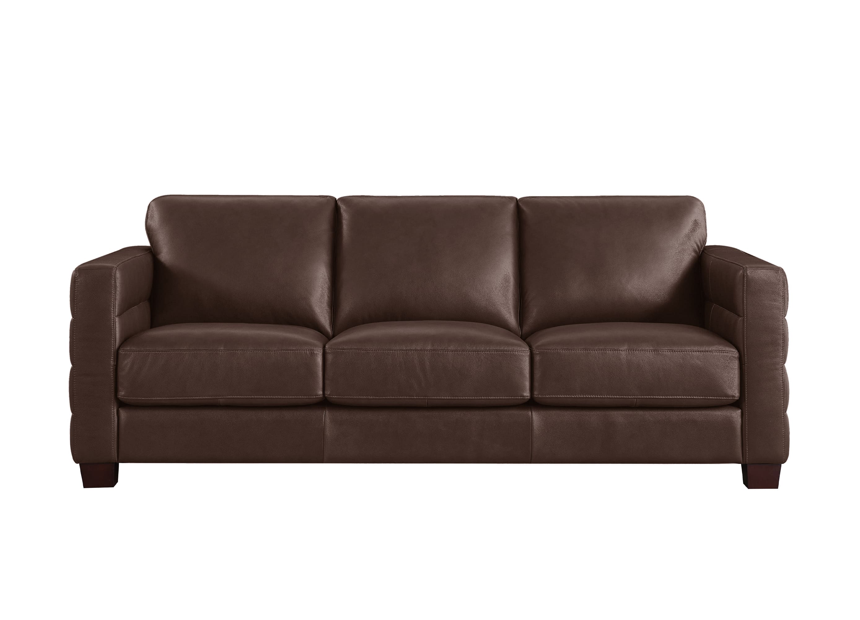 A three-seat leather sofa in a rich dark brown color, shown from a straight-on front angle against a plain white background.
