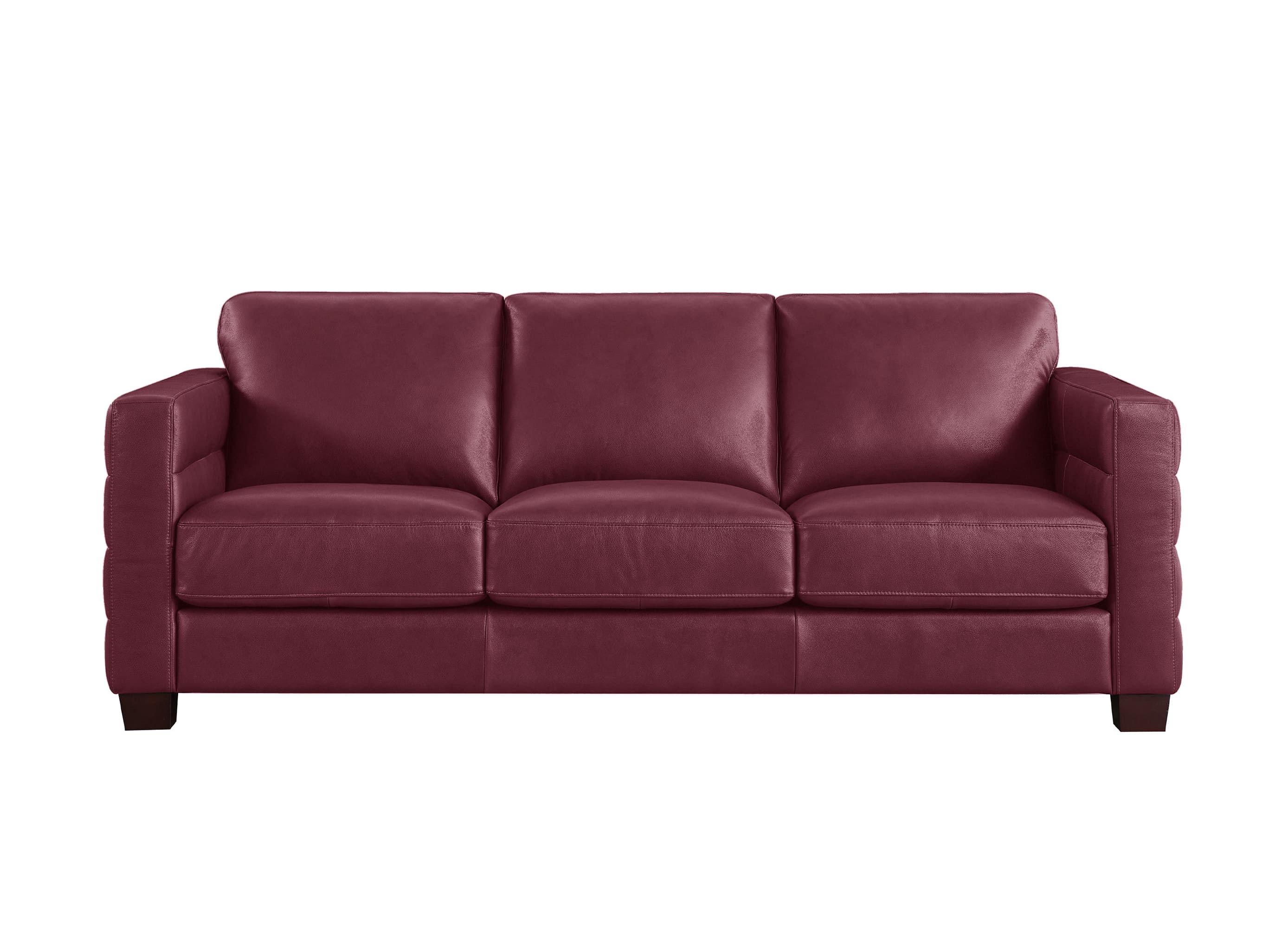 A three-seat sofa upholstered in deep burgundy leather, shown from a front-facing perspective against a solid white background.