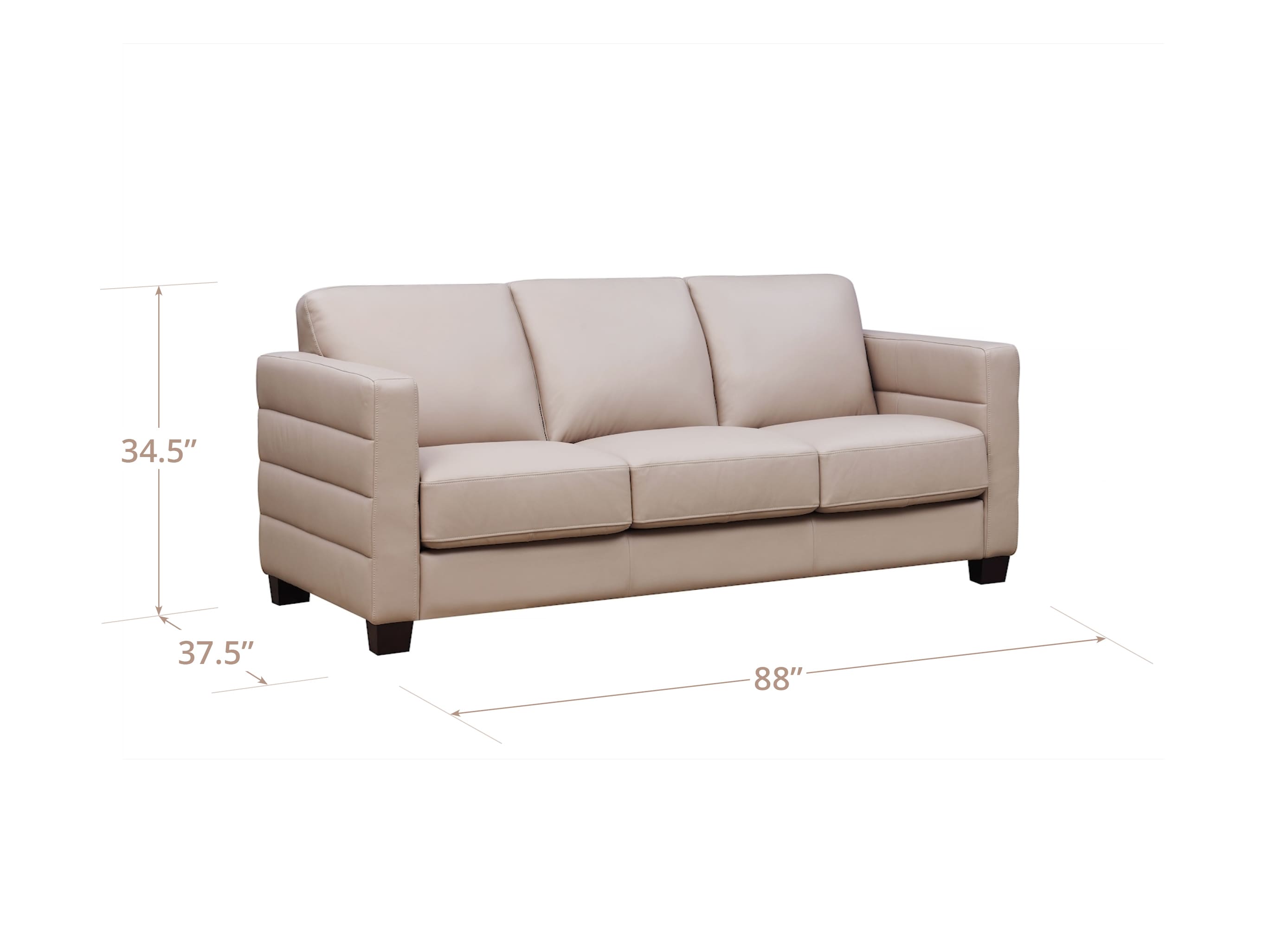A three-seat upholstered sofa in a light beige or taupe fabric, shown on a white background with dimension lines and labels indicating height 34.5 inches, depth 37.