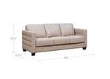 A three-seat upholstered sofa in a light beige or taupe fabric, shown on a white background with dimension lines and labels indicating height 34.5 inches, depth 37.