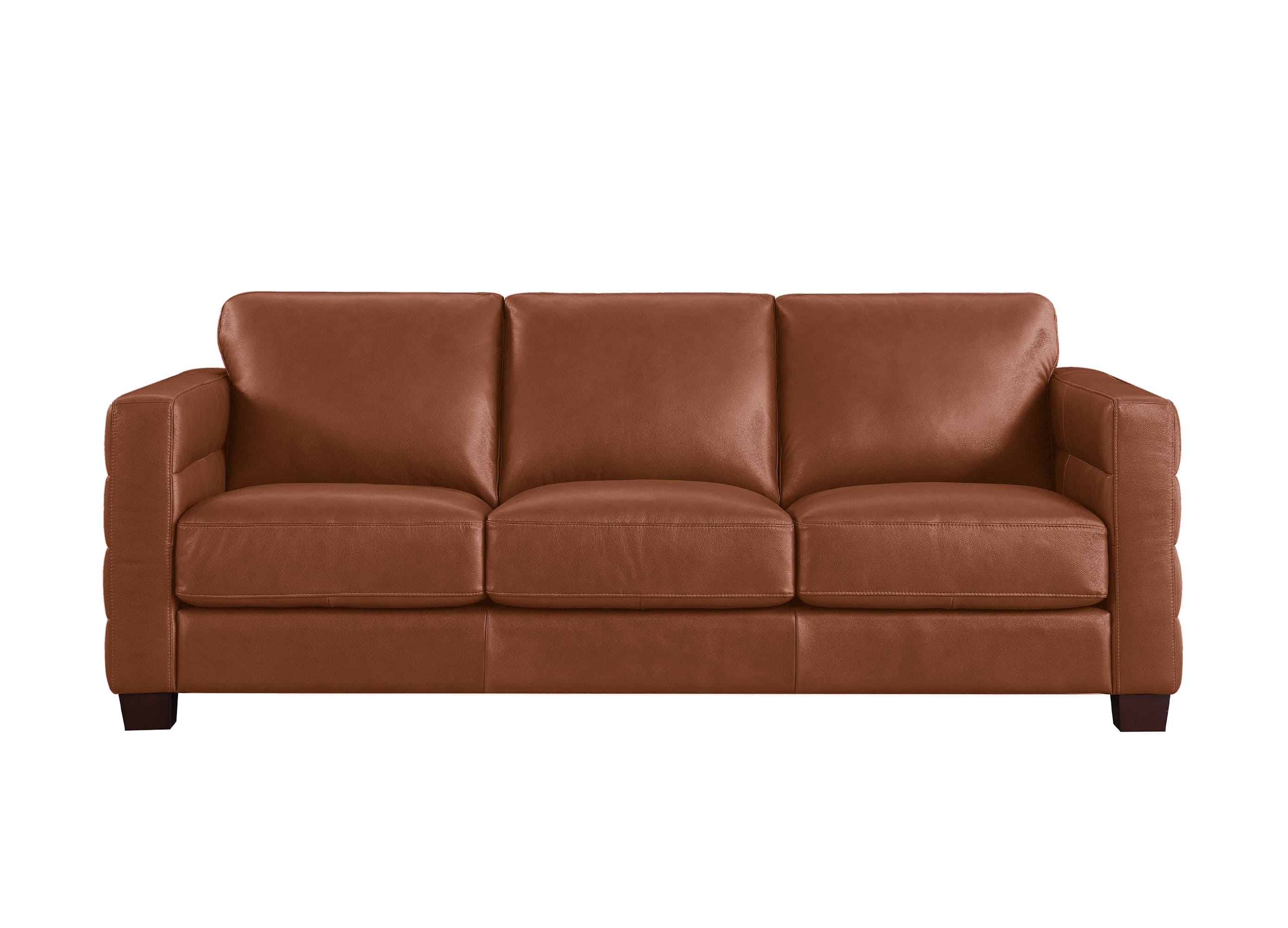 A three-seat leather sofa in a warm cognac brown color, featuring deep button tufting on the armrests and dark wooden legs, shown against a plain white background.