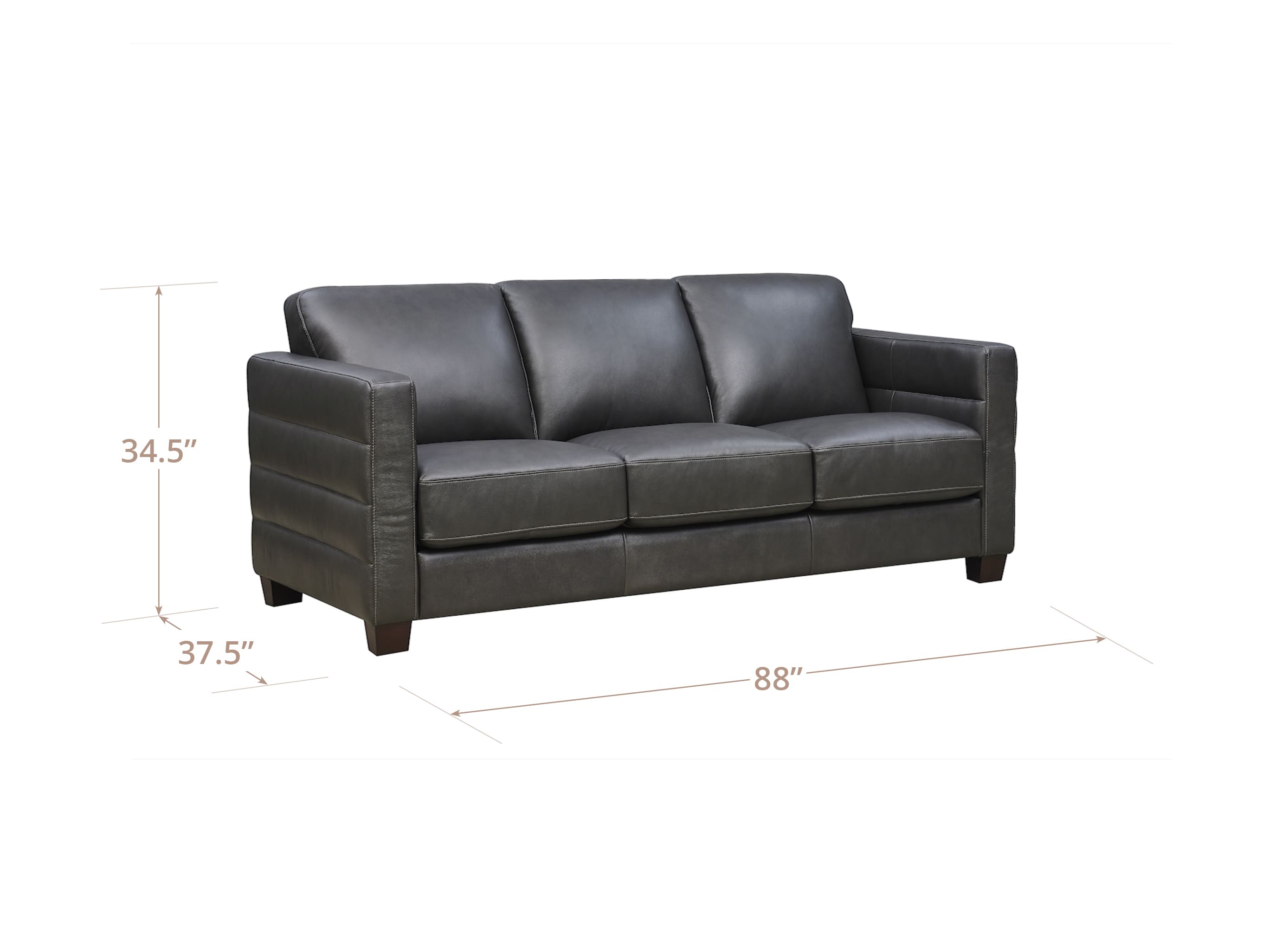 Black leather sofa with dimensions marked on a white background