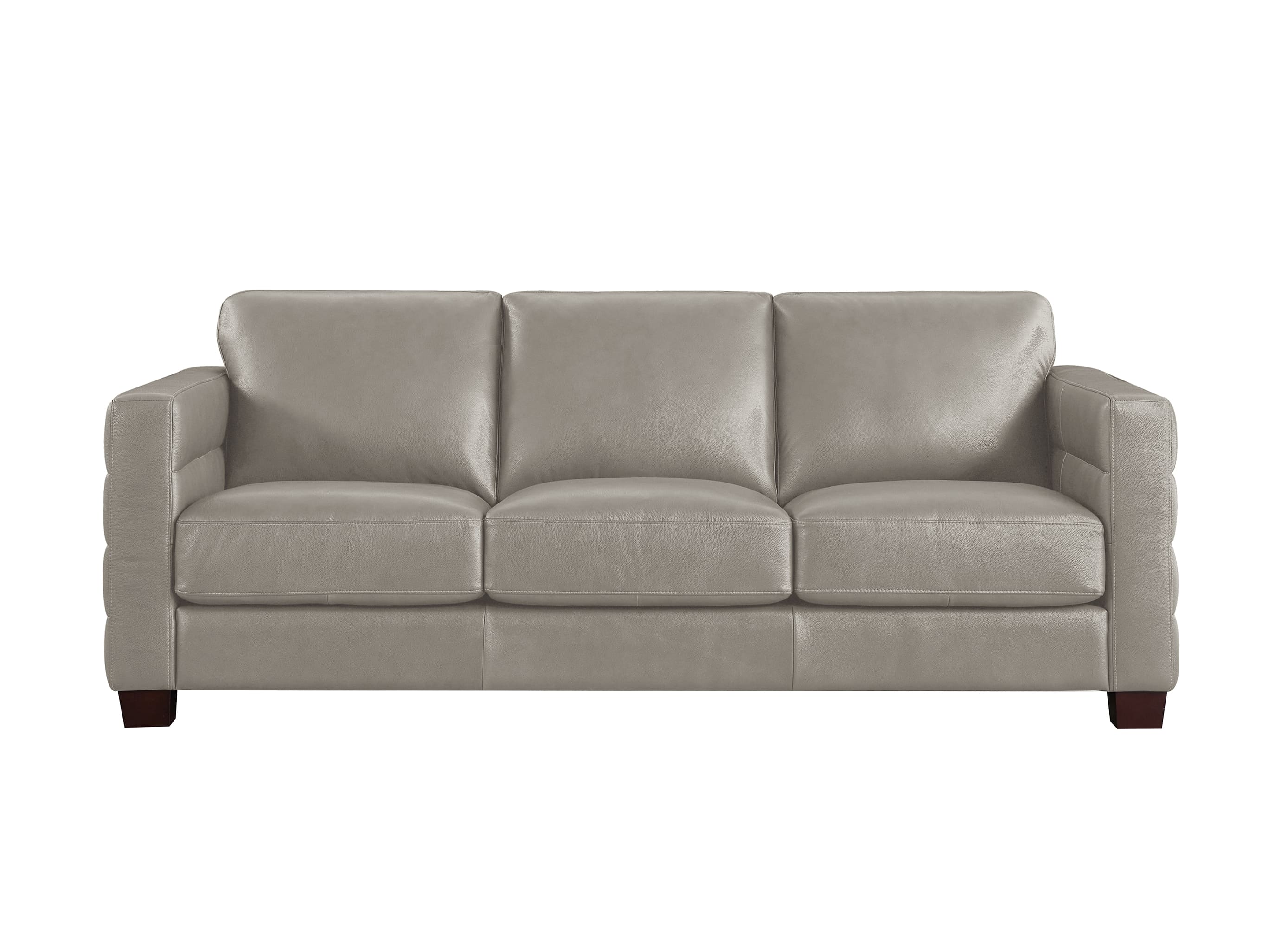 A three-seat leather sofa in a light taupe-beige color, shown from a front-facing perspective against a solid white background.