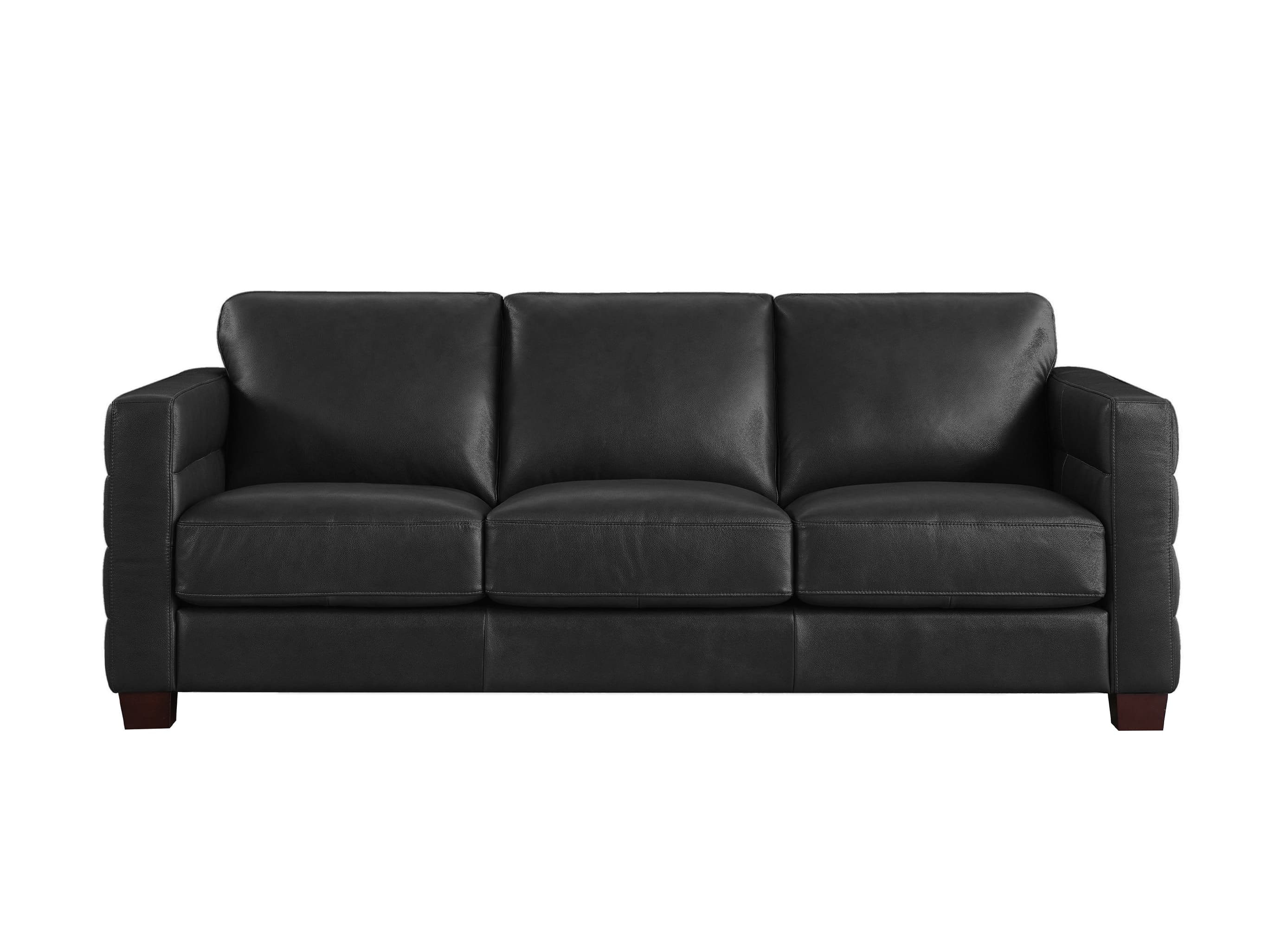 A three-seat black leather sofa with deep channel tufting on the arms and a low profile, shown against a plain white background.