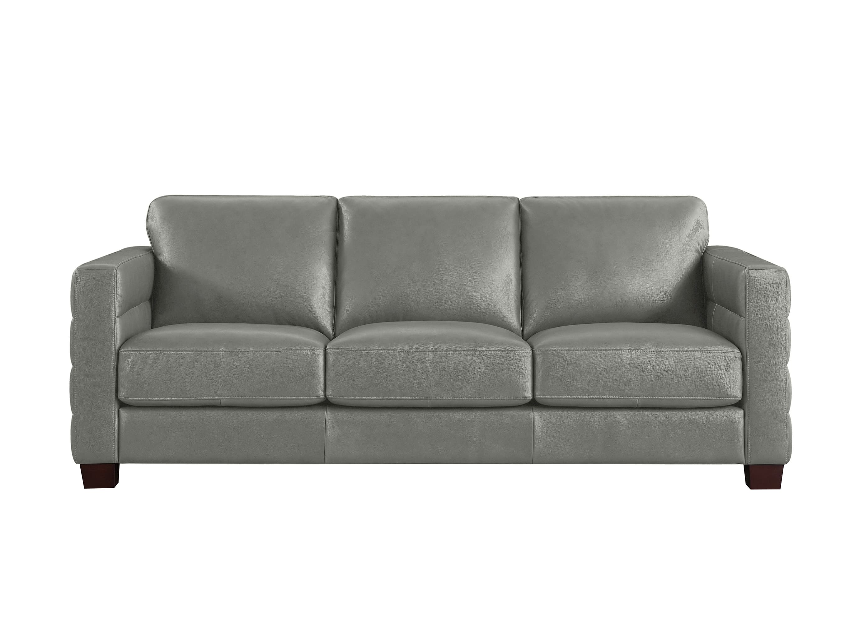 A three-seat sofa upholstered in light gray leather, featuring square arms, channel tufting on the outer arms, and dark brown wooden legs, shown against a plain white background.