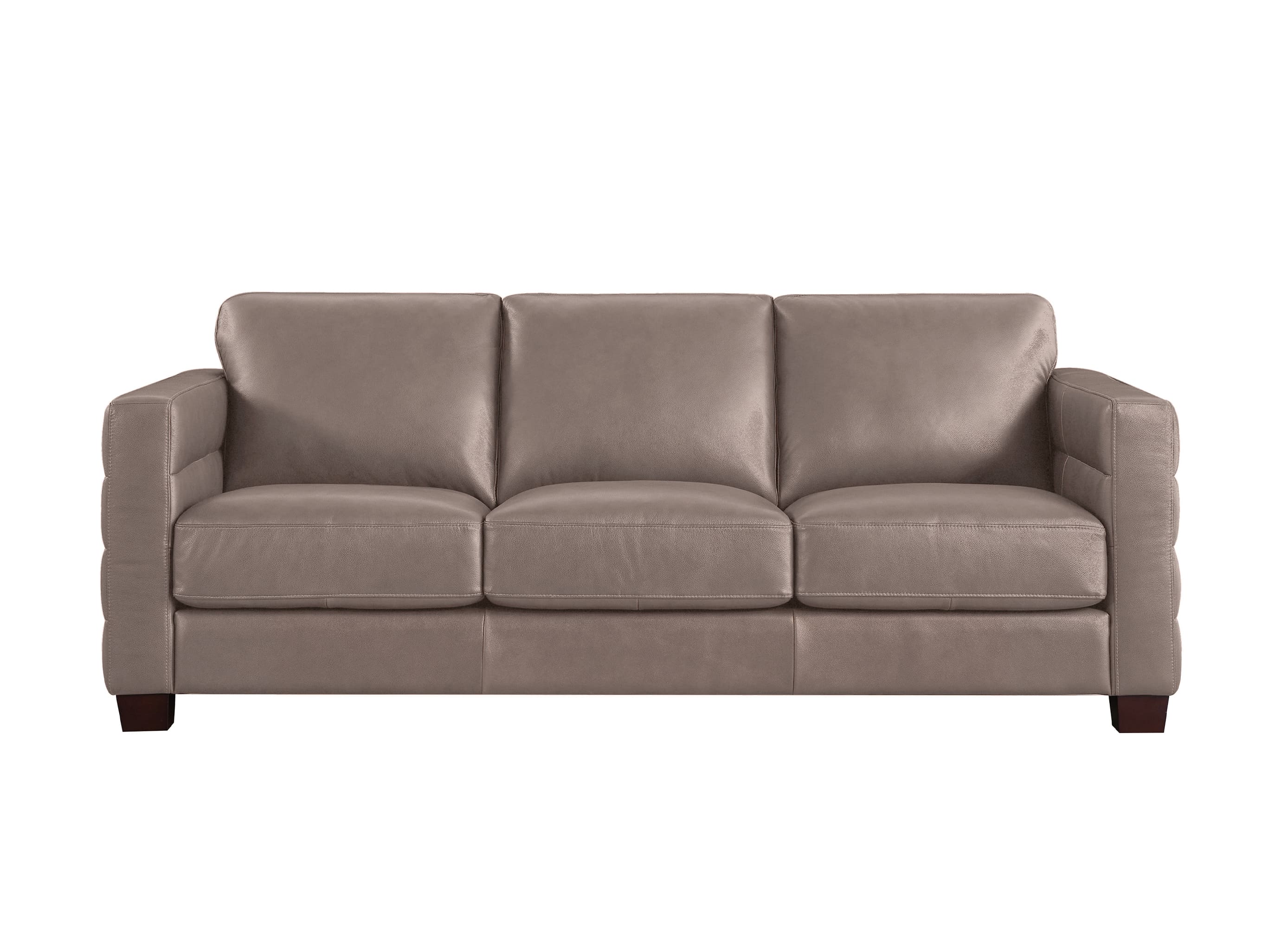 A three-seat upholstered sofa in a taupe-brown leather or faux leather, shown from a front-facing perspective against a plain white background.
