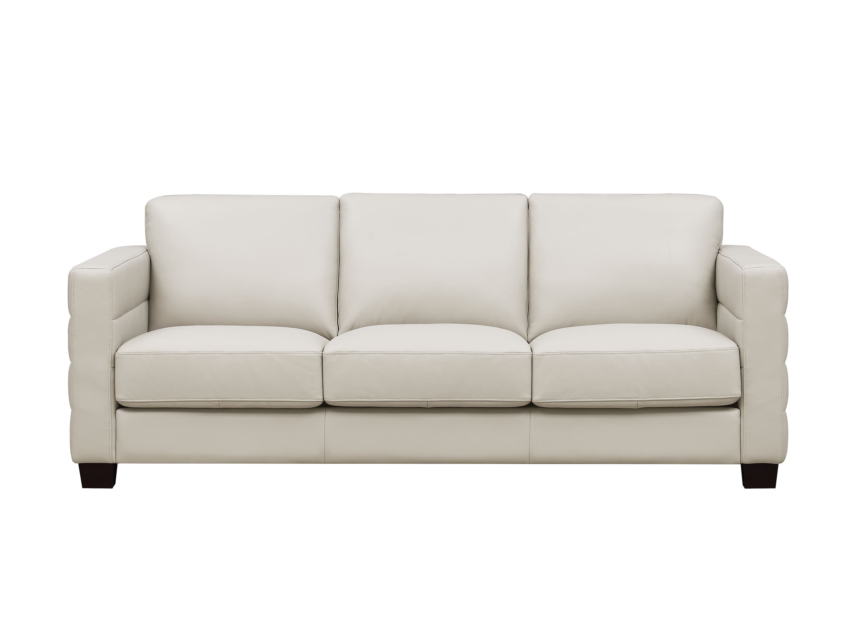 A three-seat sofa upholstered in light cream or off-white leather, featuring square arms, three back cushions, three seat cushions, and dark wooden legs, shown against a plain white background.
