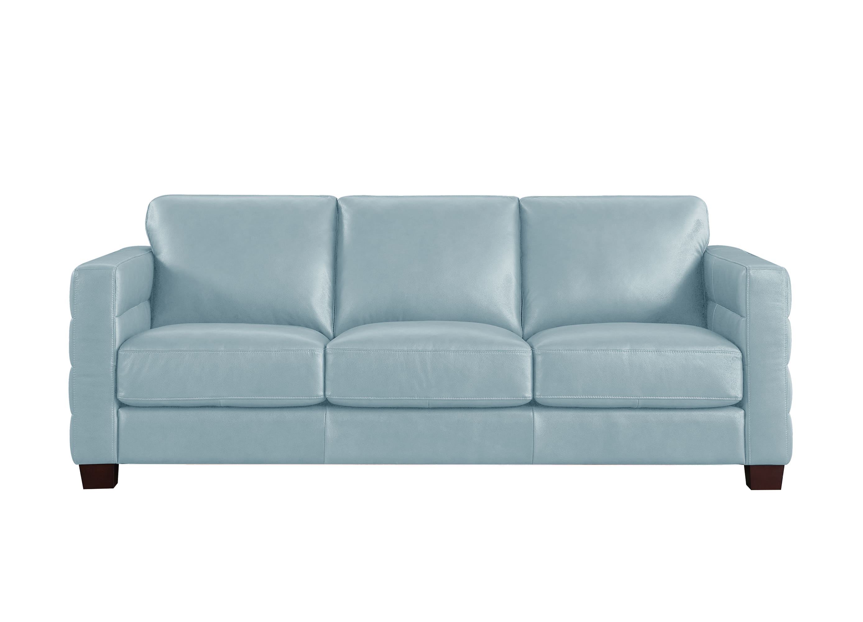 A three-seat upholstered sofa in a taupe-brown leather or faux leather, shown from a front-facing perspective against a plain white background.