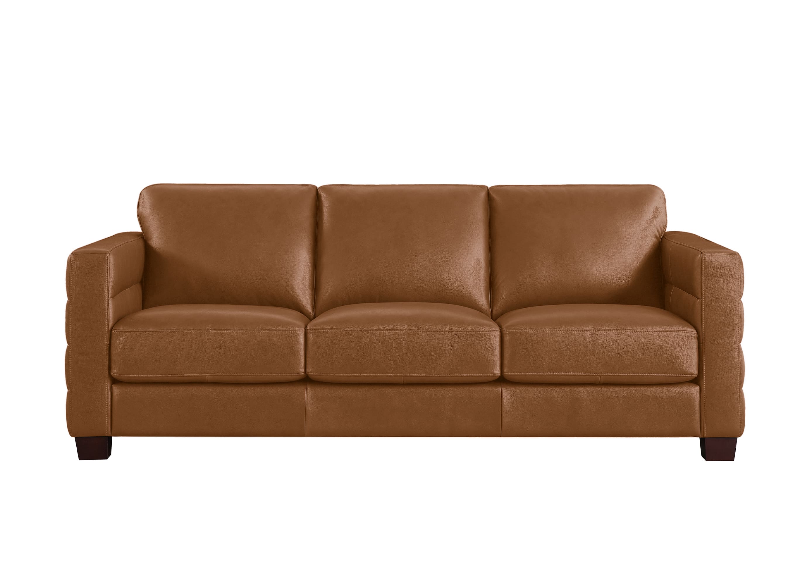 A three-seat leather sofa in a warm cognac brown color, featuring deep button tufting on the armrests and dark wooden legs, shown against a plain white background.