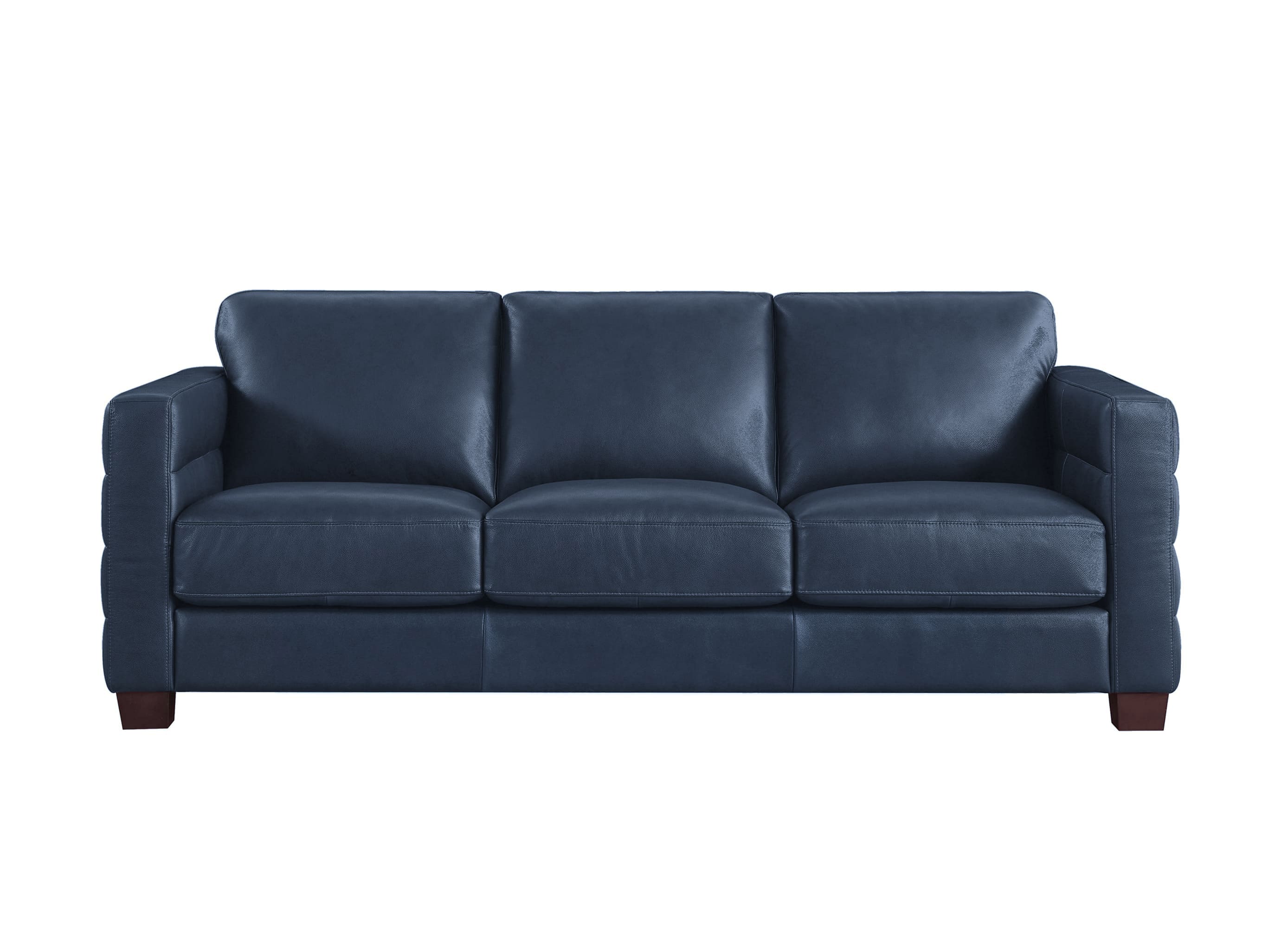 A three-seat sofa upholstered in dark navy blue leather, featuring deep button tufting on the arms and a low profile with dark wood legs, shown against a plain white background.