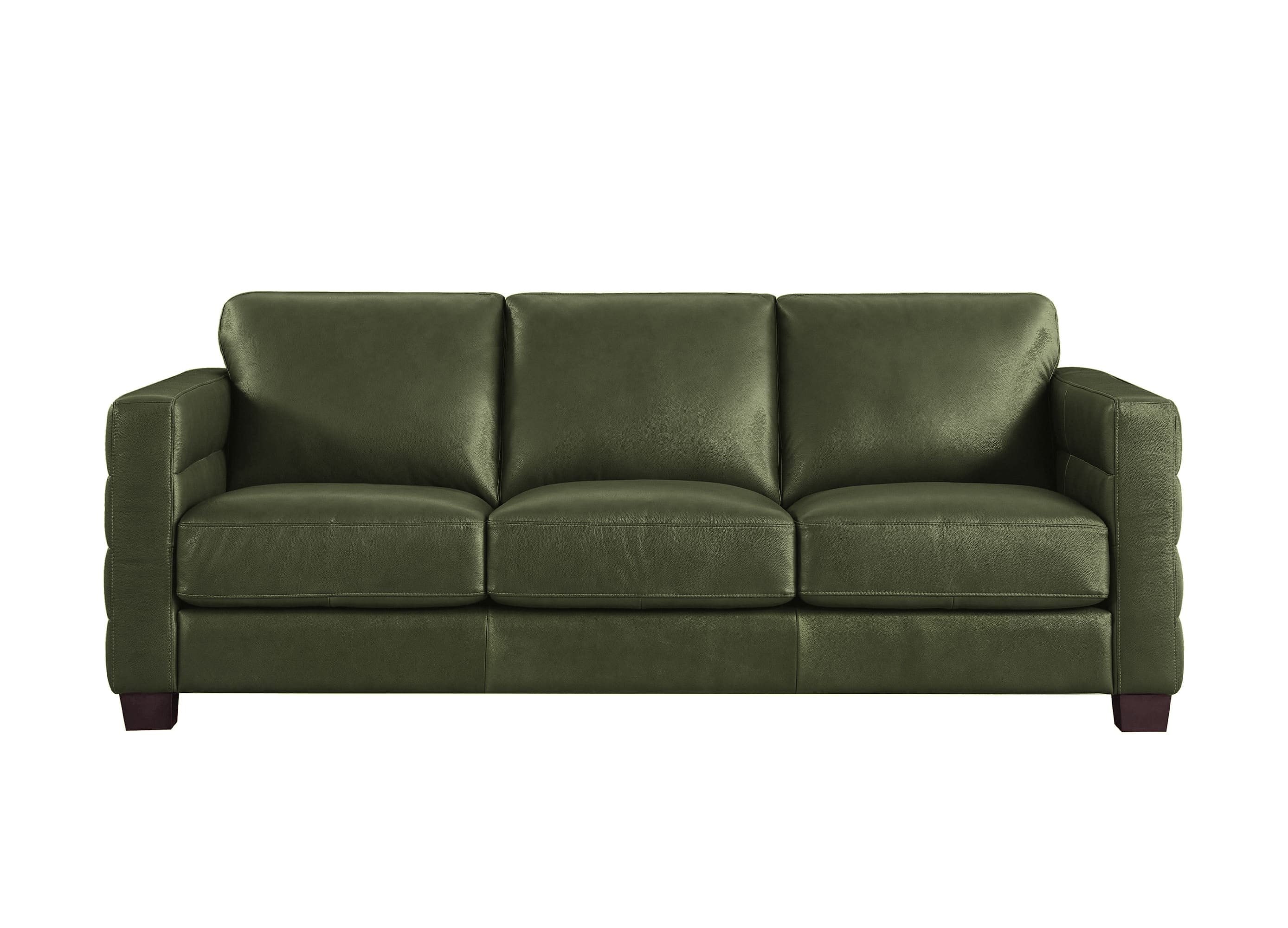 An olive green leather three-seater sofa with deep channel tufting on the outer arms and dark wooden legs, shown against a plain white background.