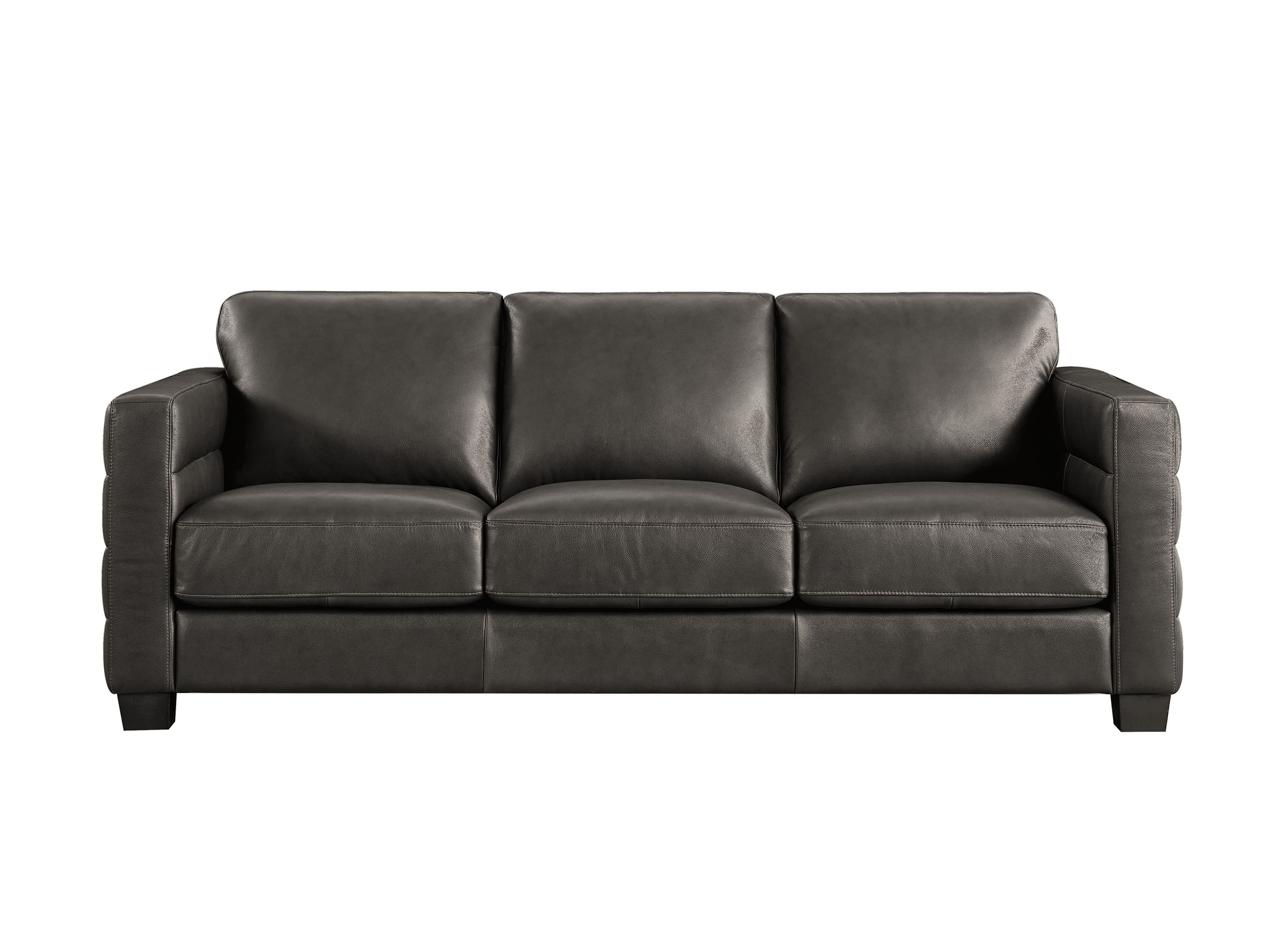 A three-seat leather sofa in dark gray, shown from a front-facing perspective against a plain white background.