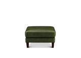 An olive green upholstered ottoman with dark brown wooden legs, shown from the front against a plain white background.