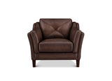 A dark brown leather armchair with a diamond-quilted backrest and curved arms, shown from the front on a white background.