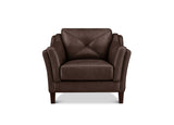 A brown leather armchair with a diamond-quilted backrest and rolled arms, shown from the front on a white background.