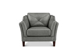 A modern gray upholstered armchair with a diamond-quilted backrest, curved arms, and dark wooden legs, shown against a plain white background.