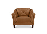 A brown leather armchair with a diamond-quilted backrest and dark wooden legs, shown against a plain white background.