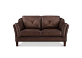 A dark brown leather loveseat sofa with diamond-quilted back cushions and rolled arms, shown from a front-facing perspective on a white background.