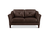 A dark brown faux leather loveseat sofa with diamond-quilted back cushions and tufted armrests, shown from a front-facing perspective on a white background.