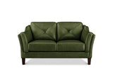 An olive green loveseat sofa with diamond-quilted back cushions, rolled arms, and dark brown wooden legs, shown against a plain white background.