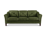 An olive green three-seater sofa with diamond-quilted back cushions and dark wooden legs, shown against a plain white background.