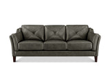 A three-seat sofa upholstered in dark gray leather with diamond tufting on the back cushions, shown from a front-facing angle on a white background.