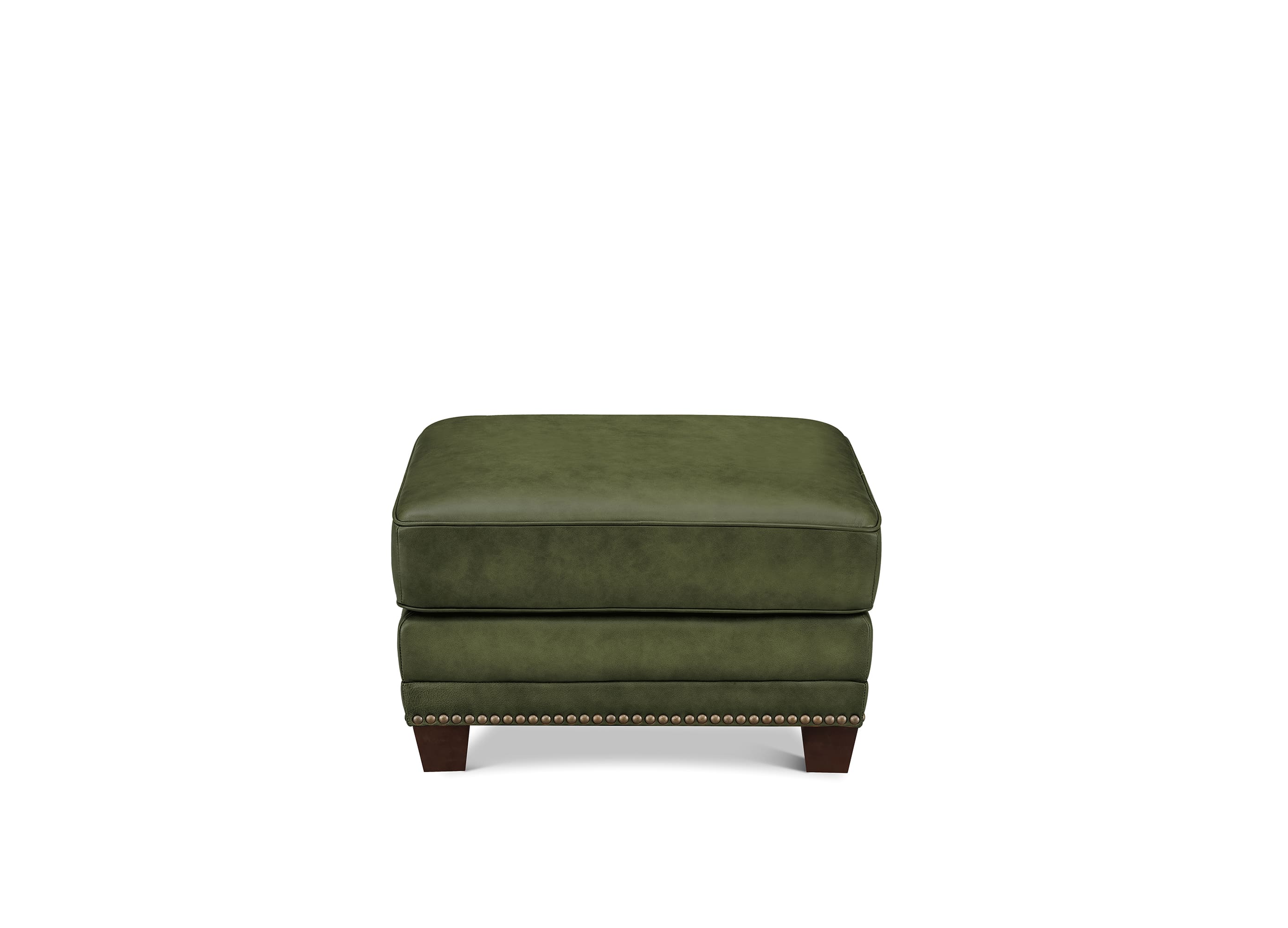 An olive green upholstered ottoman with dark wood legs and nailhead trim, shown against a plain white background.