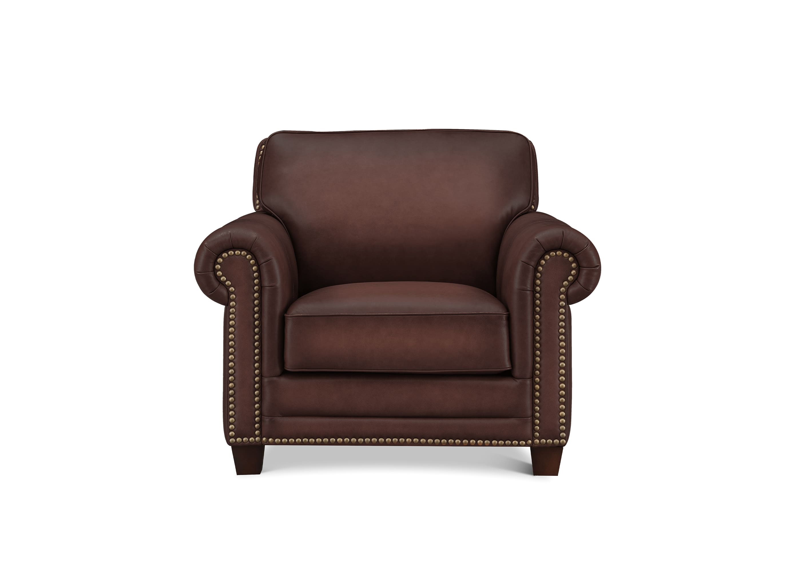 A classic brown leather armchair with rolled arms, nailhead trim, and dark wooden legs, shown against a plain white background.
