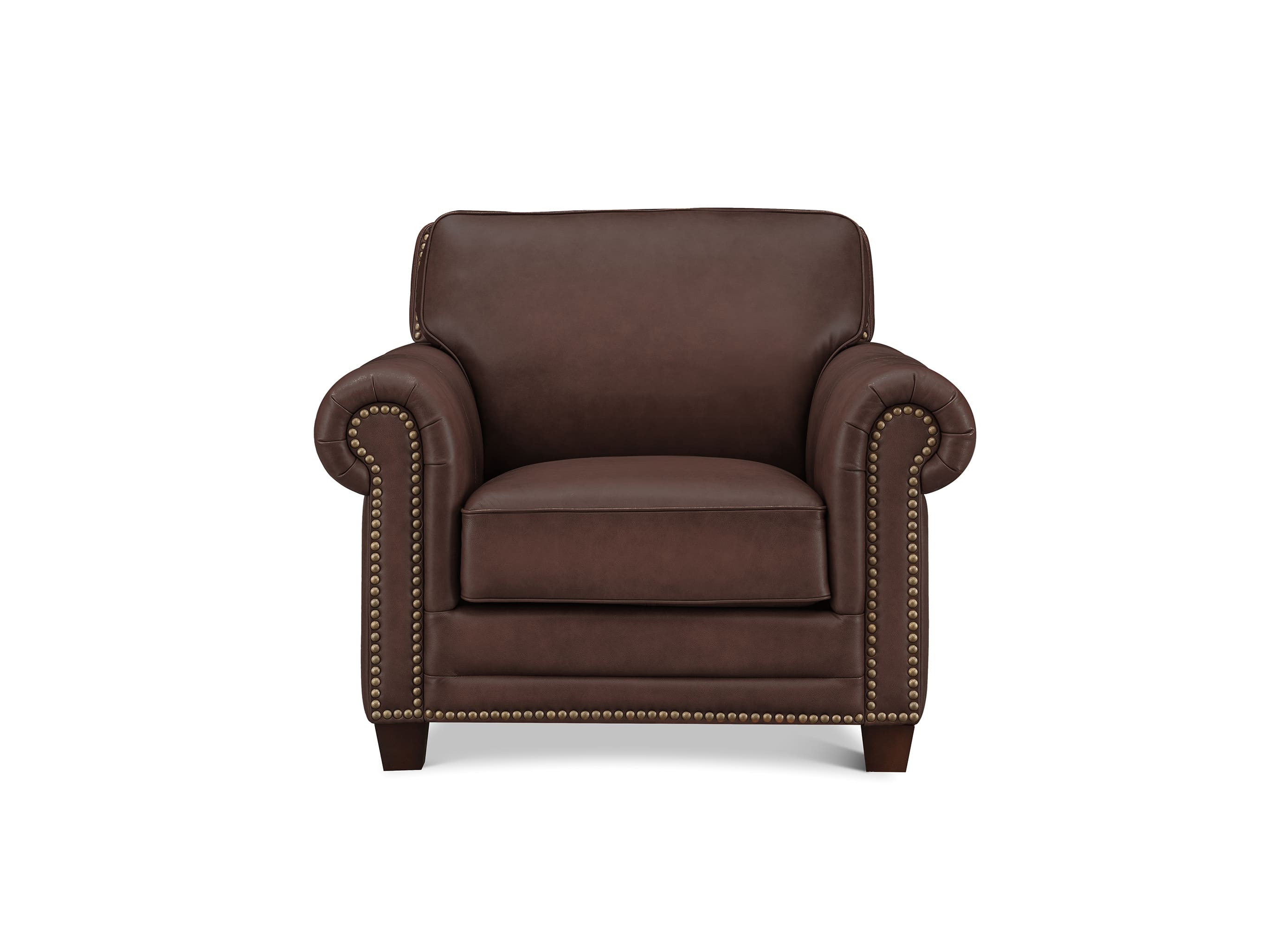 A classic brown leather armchair with rolled arms, nailhead trim, and dark wooden legs, shown against a plain white background.