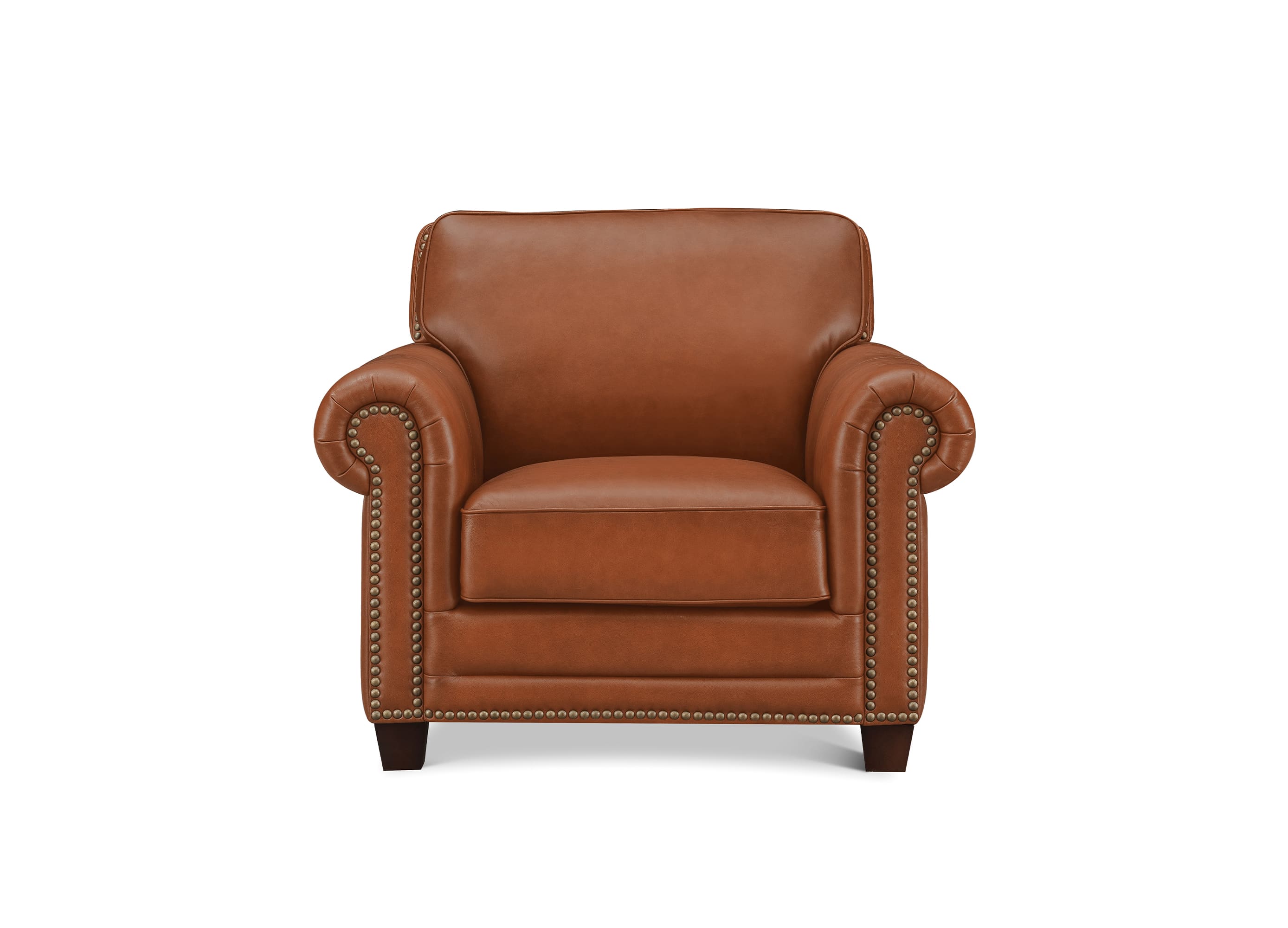 A classic brown leather armchair with rolled arms, nailhead trim, and dark wooden legs, shown against a plain white background.