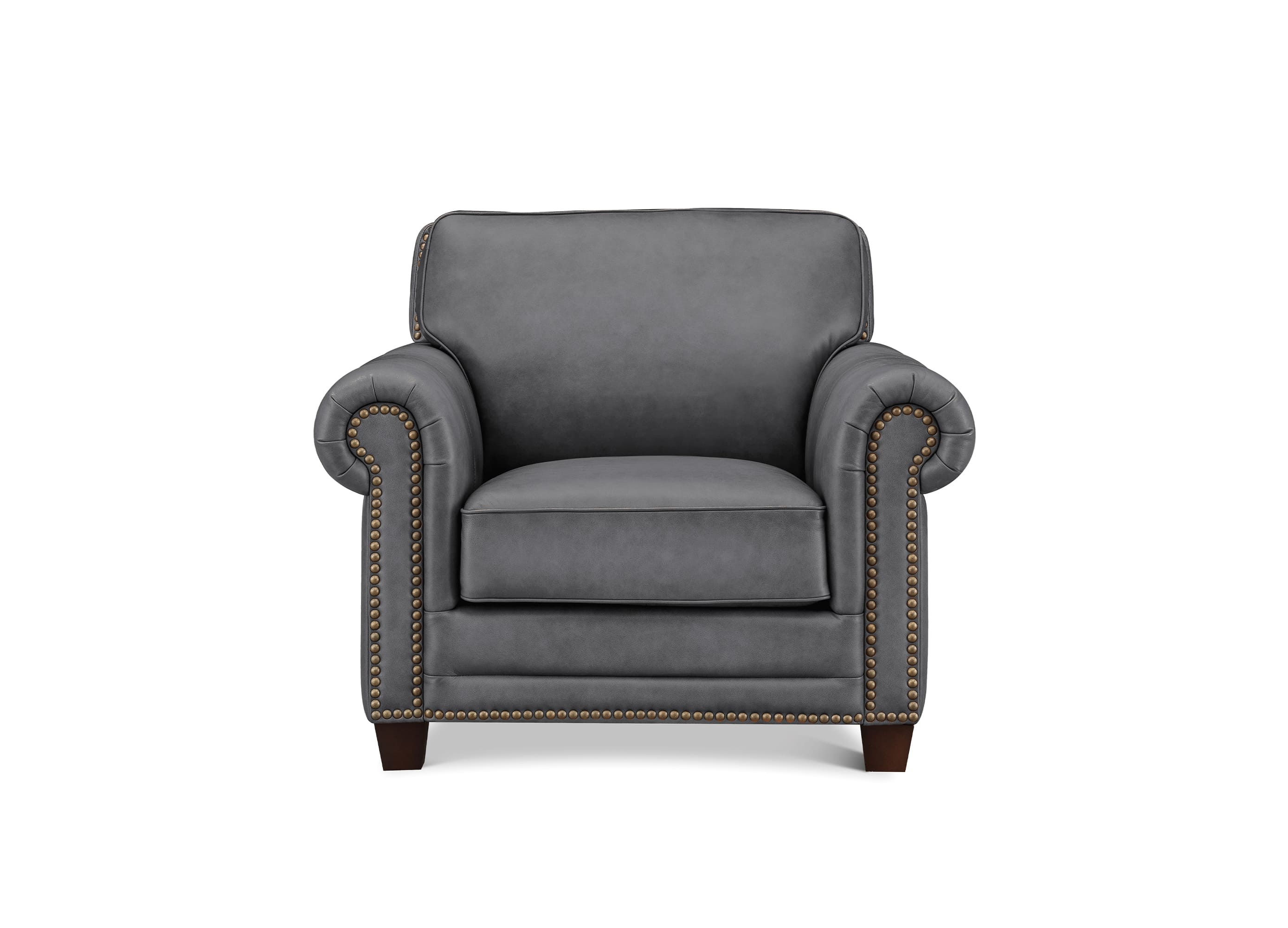 A classic gray leather armchair with rolled arms, nailhead trim, and dark wooden legs, shown against a plain white background.