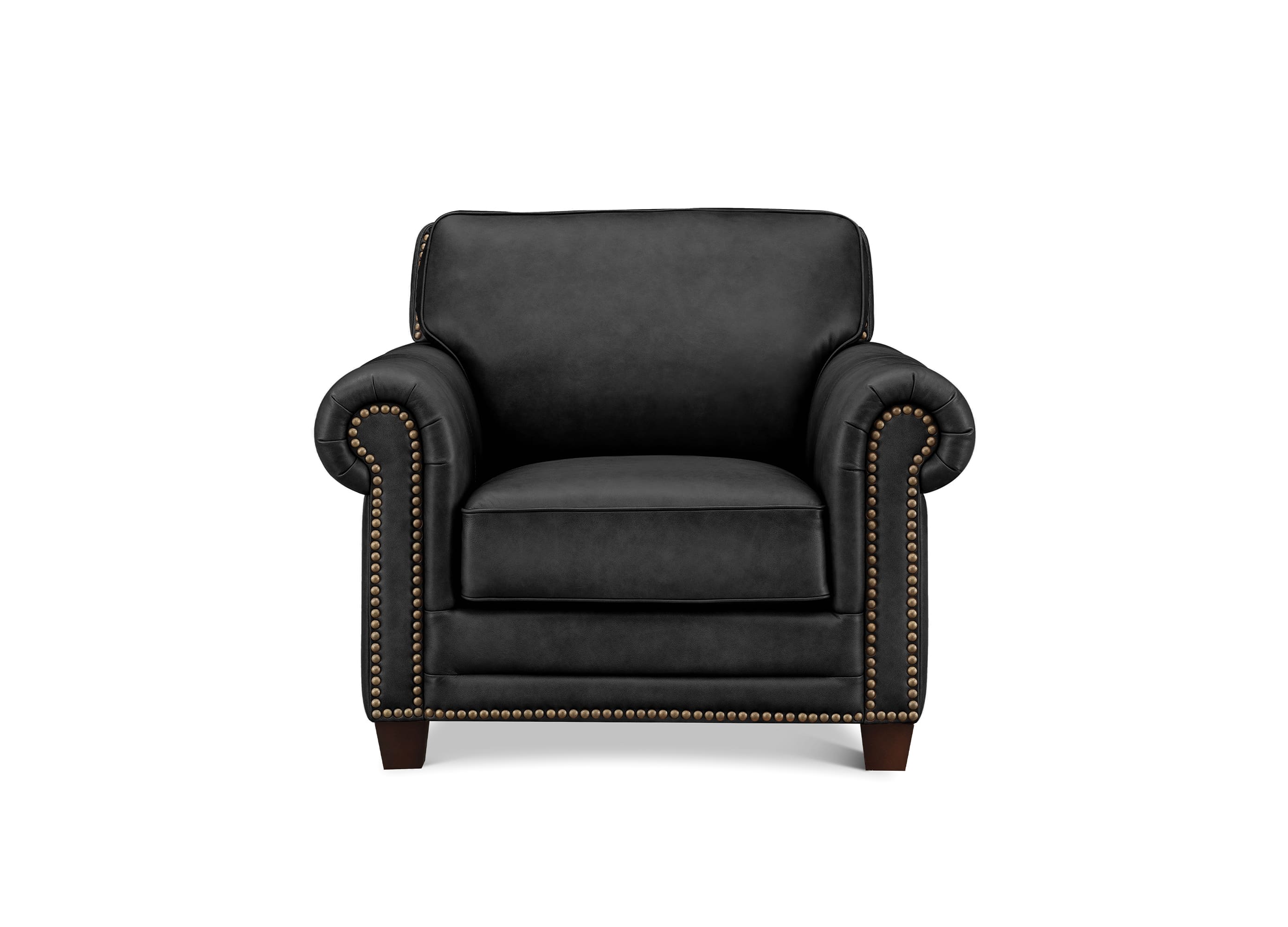 A classic black leather armchair with rolled arms, nailhead trim, and dark wooden legs, shown against a plain white background.