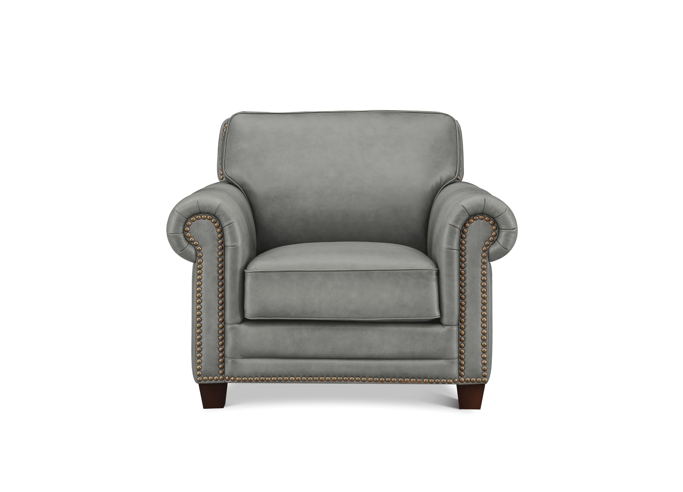 A classic gray upholstered armchair with rolled arms, nailhead trim, and dark wooden legs, shown against a plain white background.