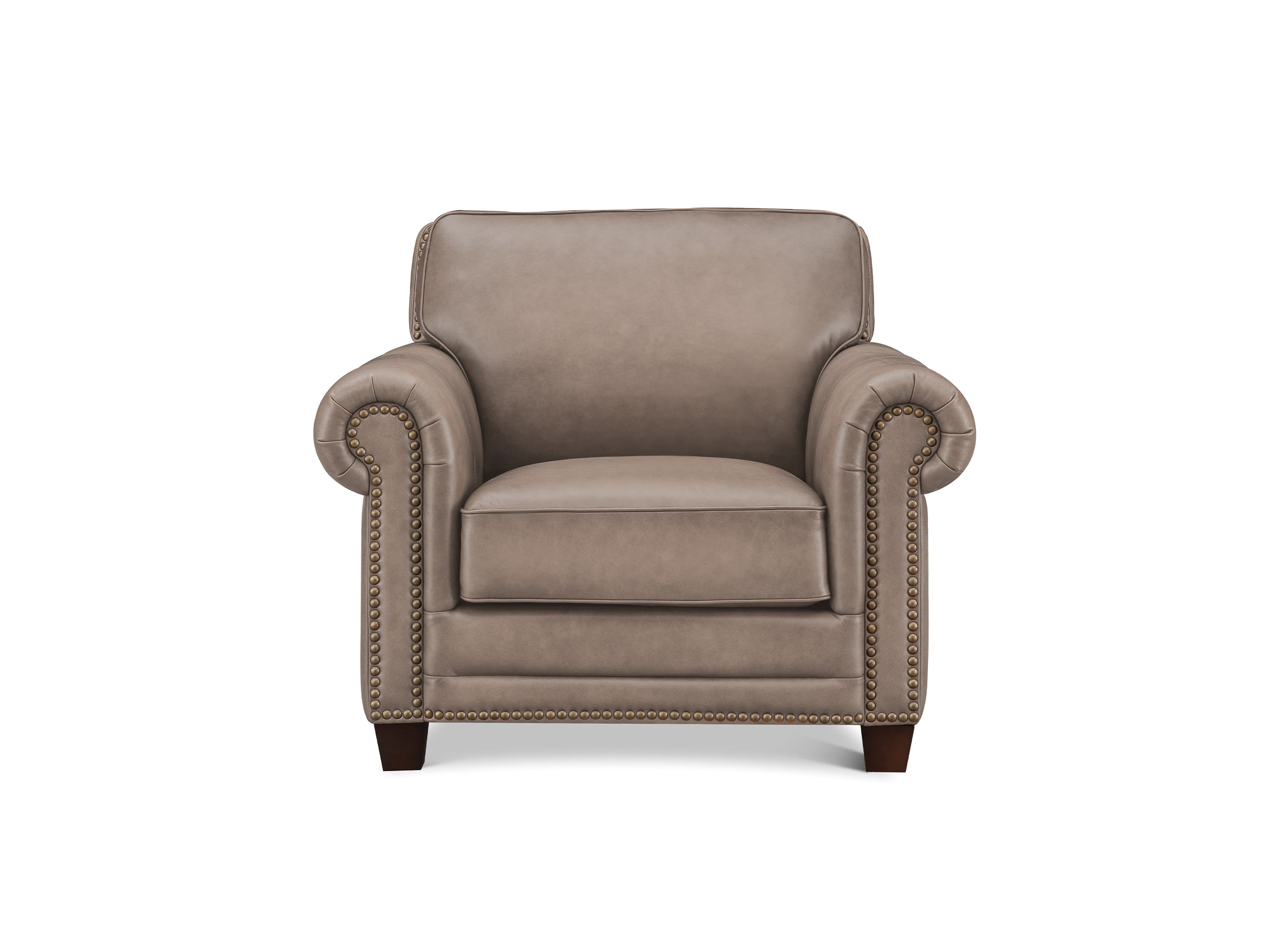 A classic slipcovered armchair in taupe leather with rolled arms, nailhead trim, and dark wood legs, shown against a plain white background.