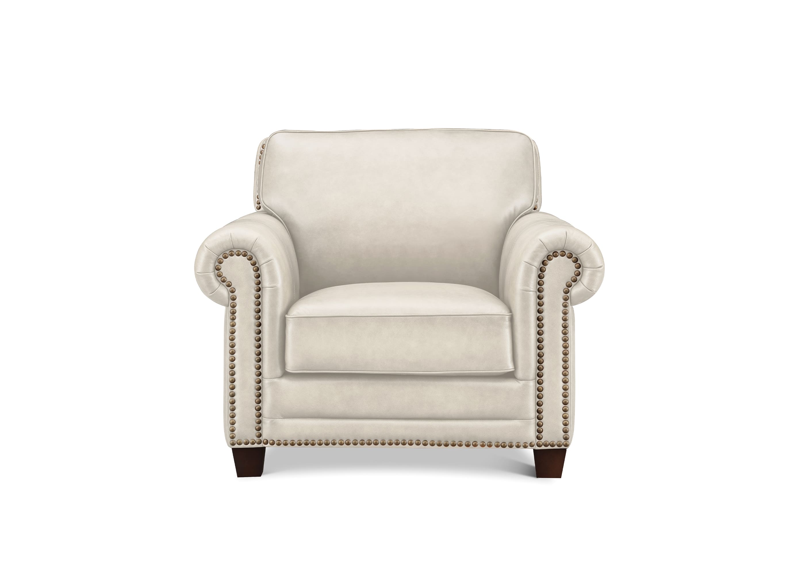 A classic Chesterfield-style armchair upholstered in cream-colored leather with dark brown wooden legs and silver nailhead trim, shown against a plain white background.