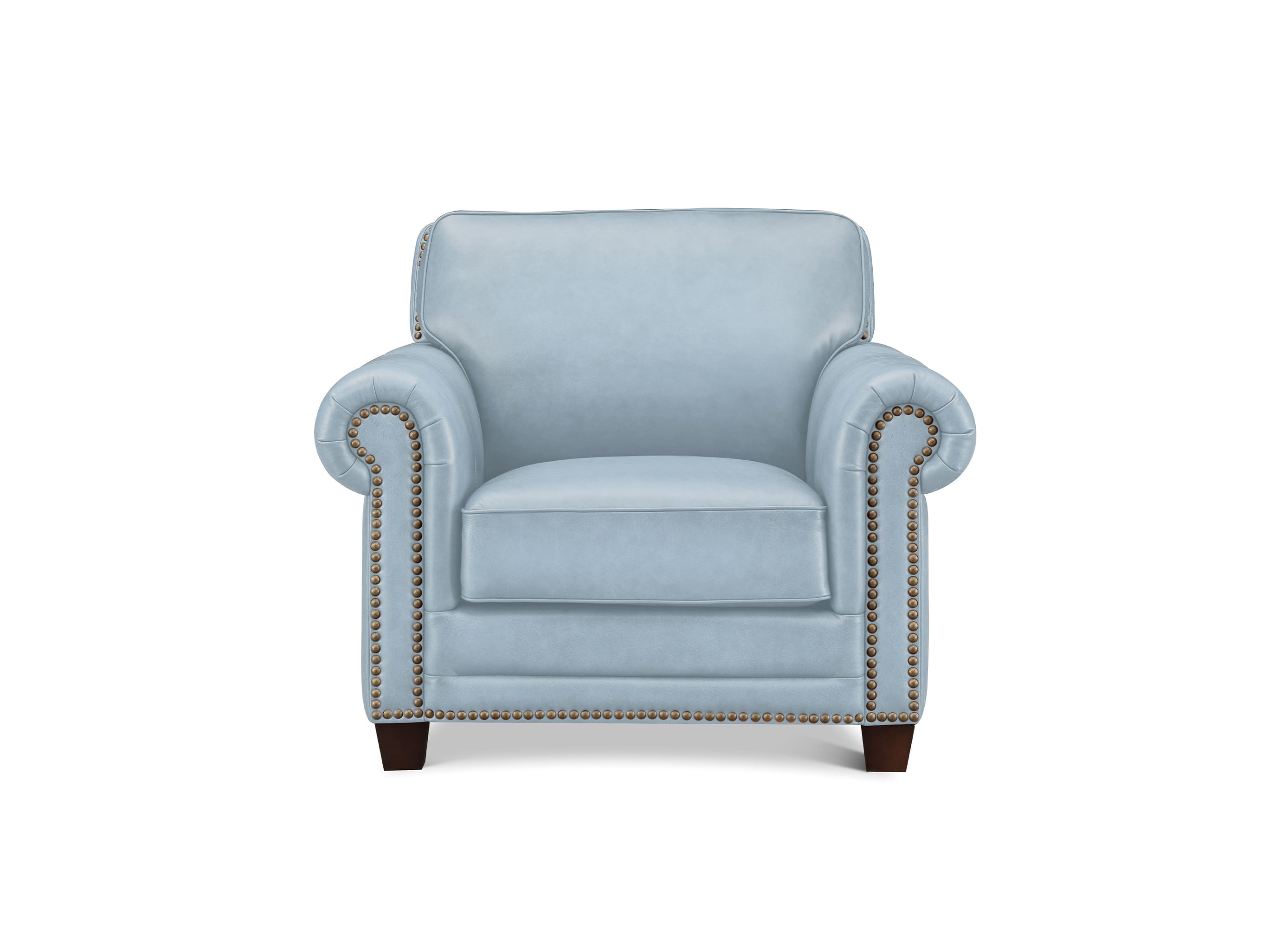 A light blue upholstered armchair with rolled arms, nailhead trim, and dark wooden legs, shown against a plain white background.