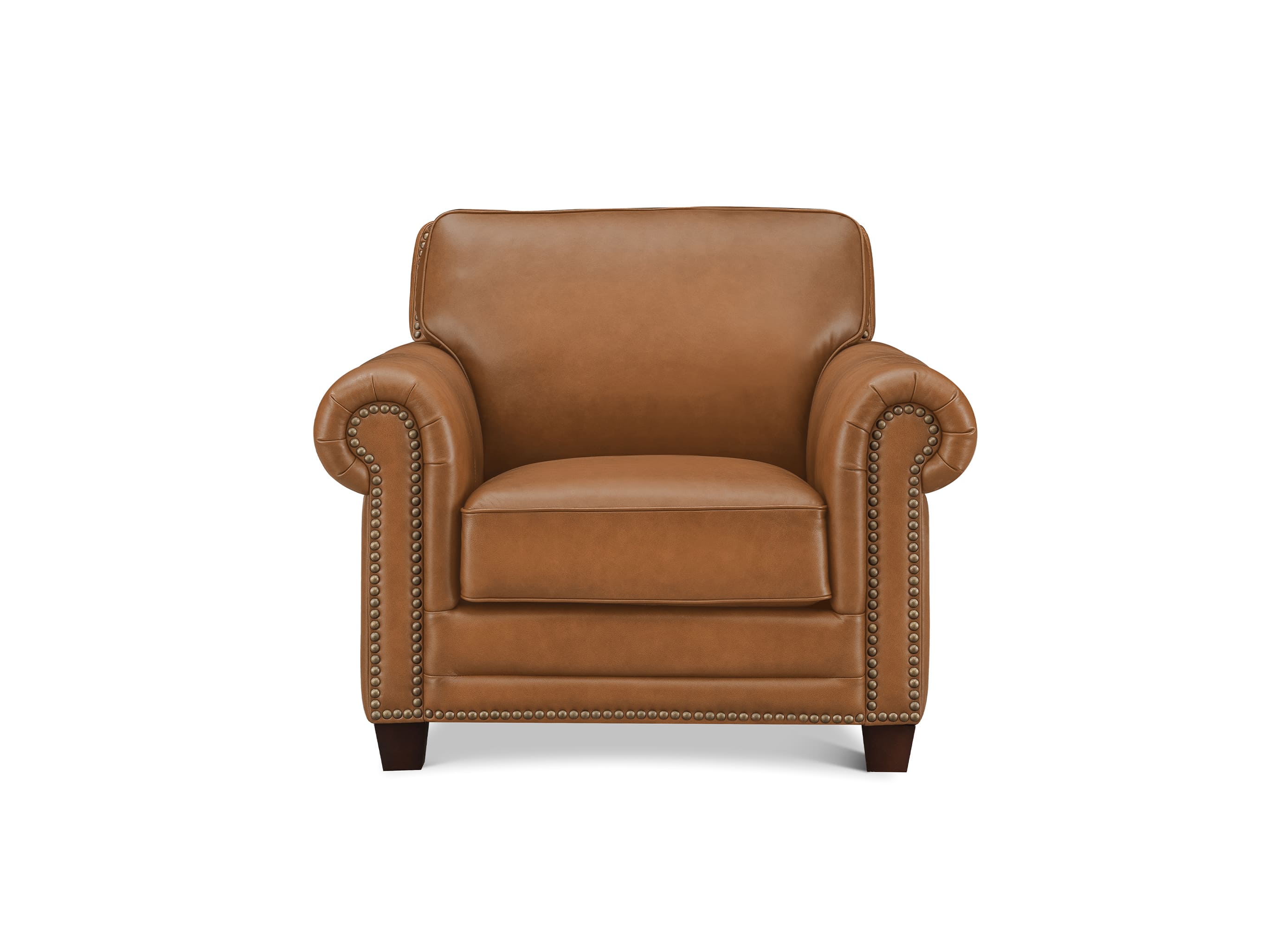 A classic brown leather armchair with rolled arms, nailhead trim, and dark wooden legs, shown against a plain white background.