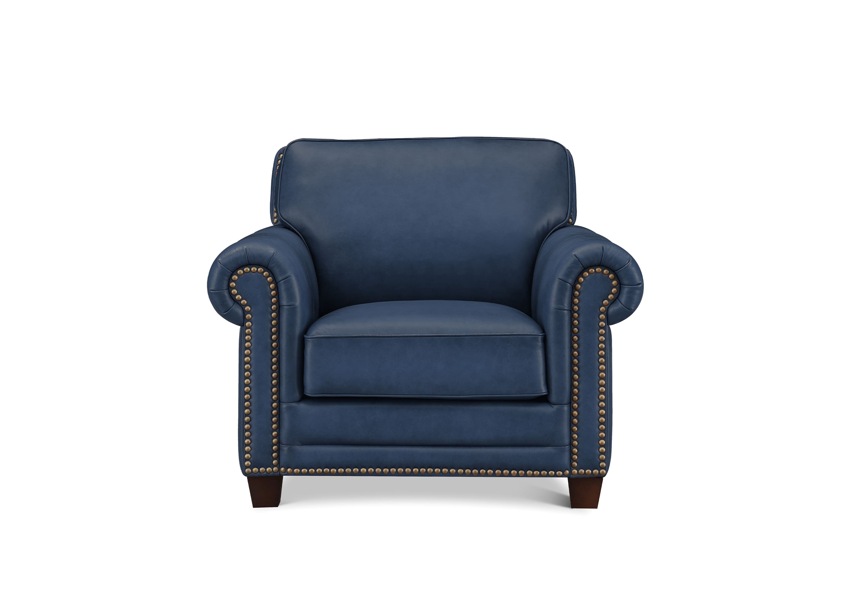 A classic blue leather armchair with rolled arms, nailhead trim, and dark wooden legs, shown against a plain white background.
