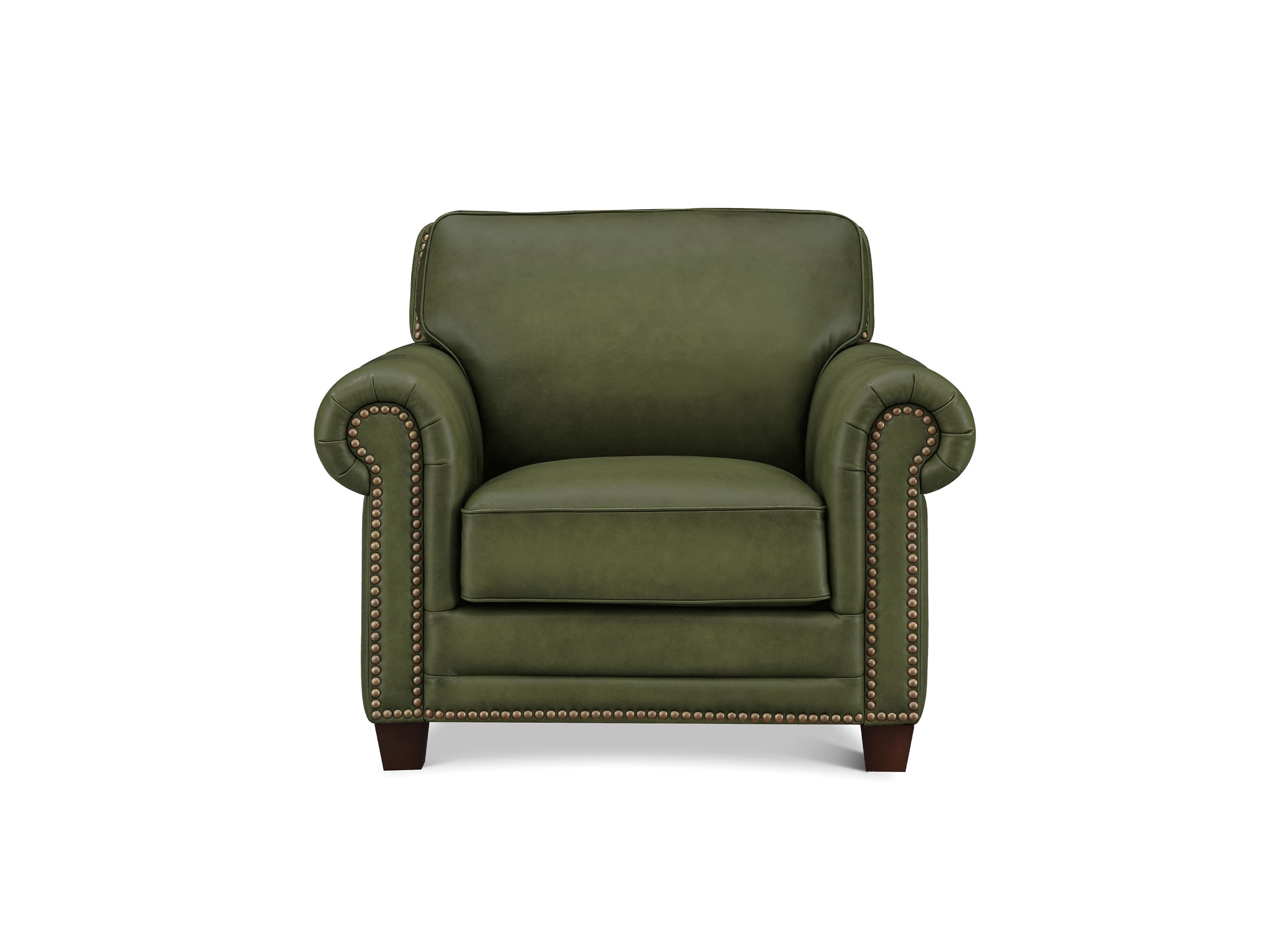 A classic brown leather armchair with rolled arms, nailhead trim, and dark wooden legs, shown against a plain white background.