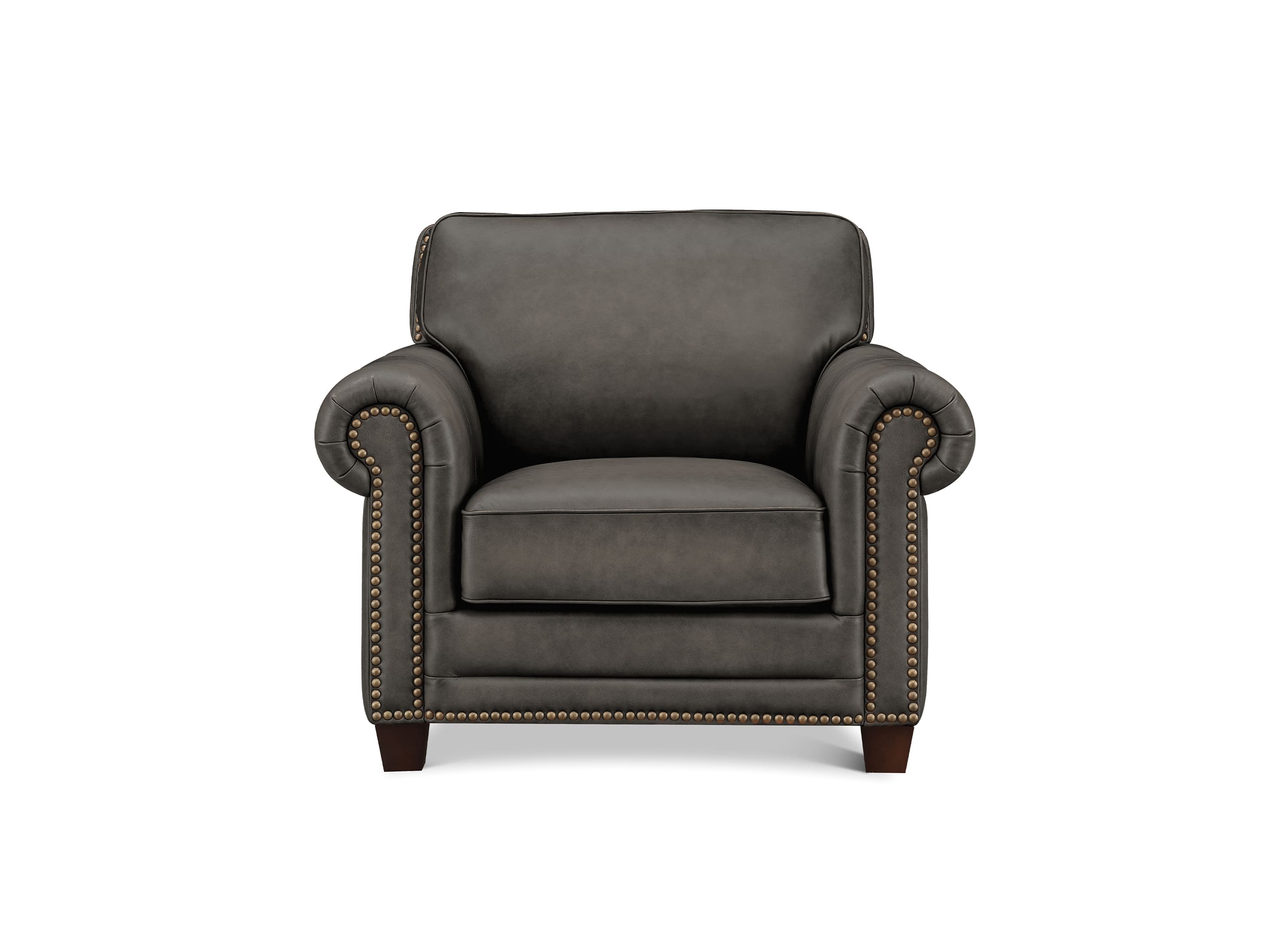 A dark gray leather armchair with rolled arms, nailhead trim, and dark wooden legs, shown against a plain white background.