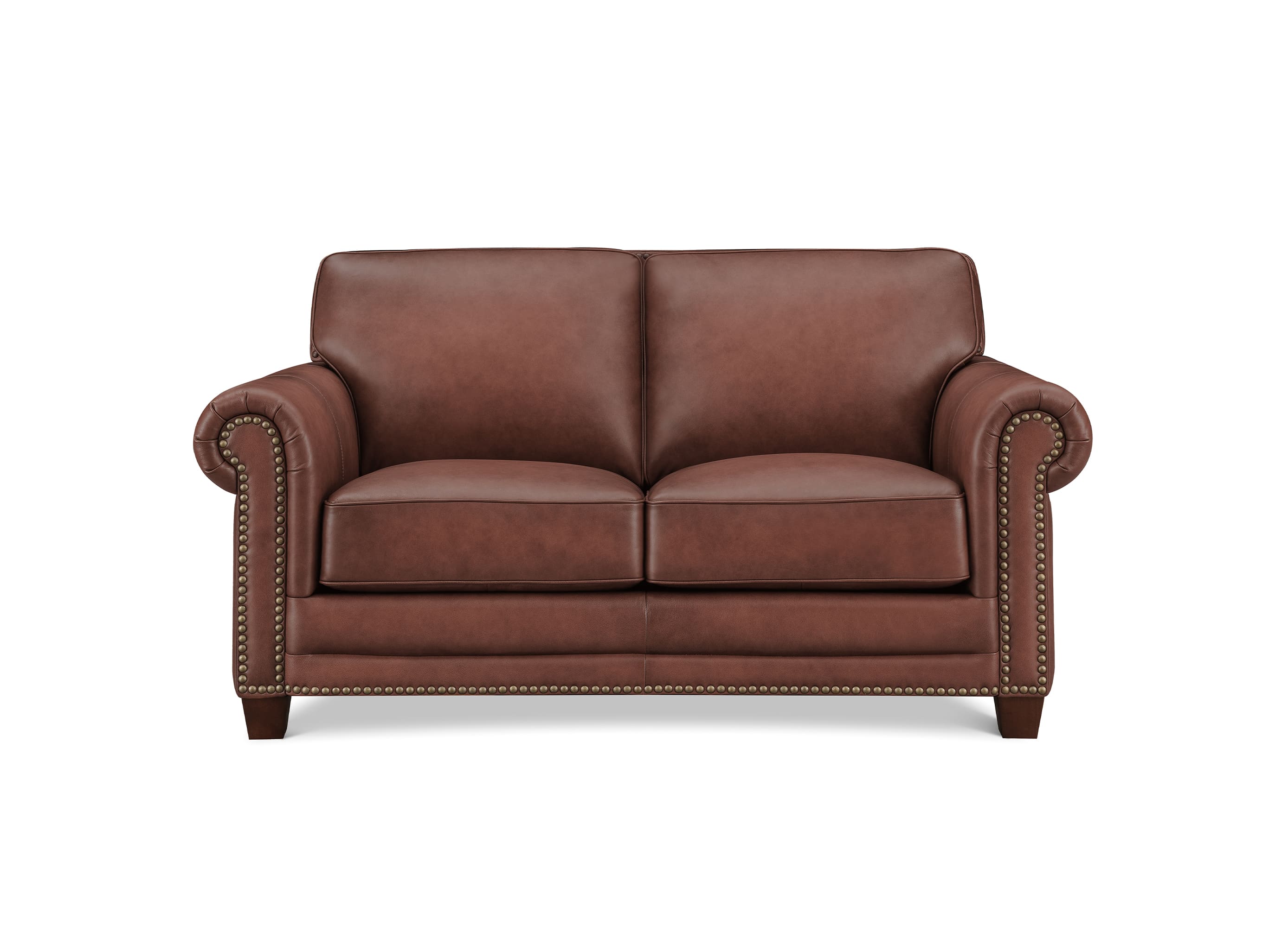 A brown leather loveseat sofa with rolled arms, nailhead trim, and dark wooden legs, shown against a plain white background.